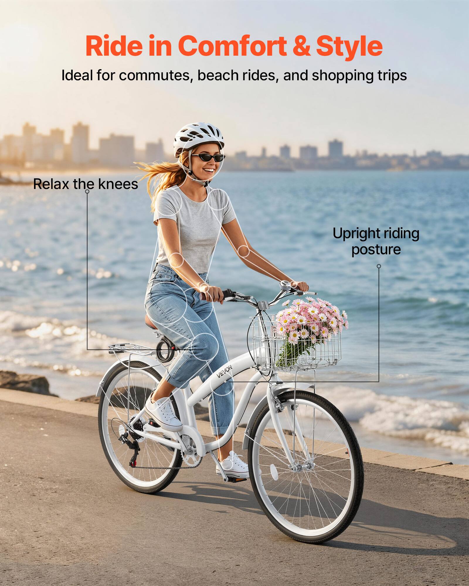 Ride in Comfort & Style  
Ideal for commutes, beach rides, and shopping trips  

Relax the knees  
Upright riding posture