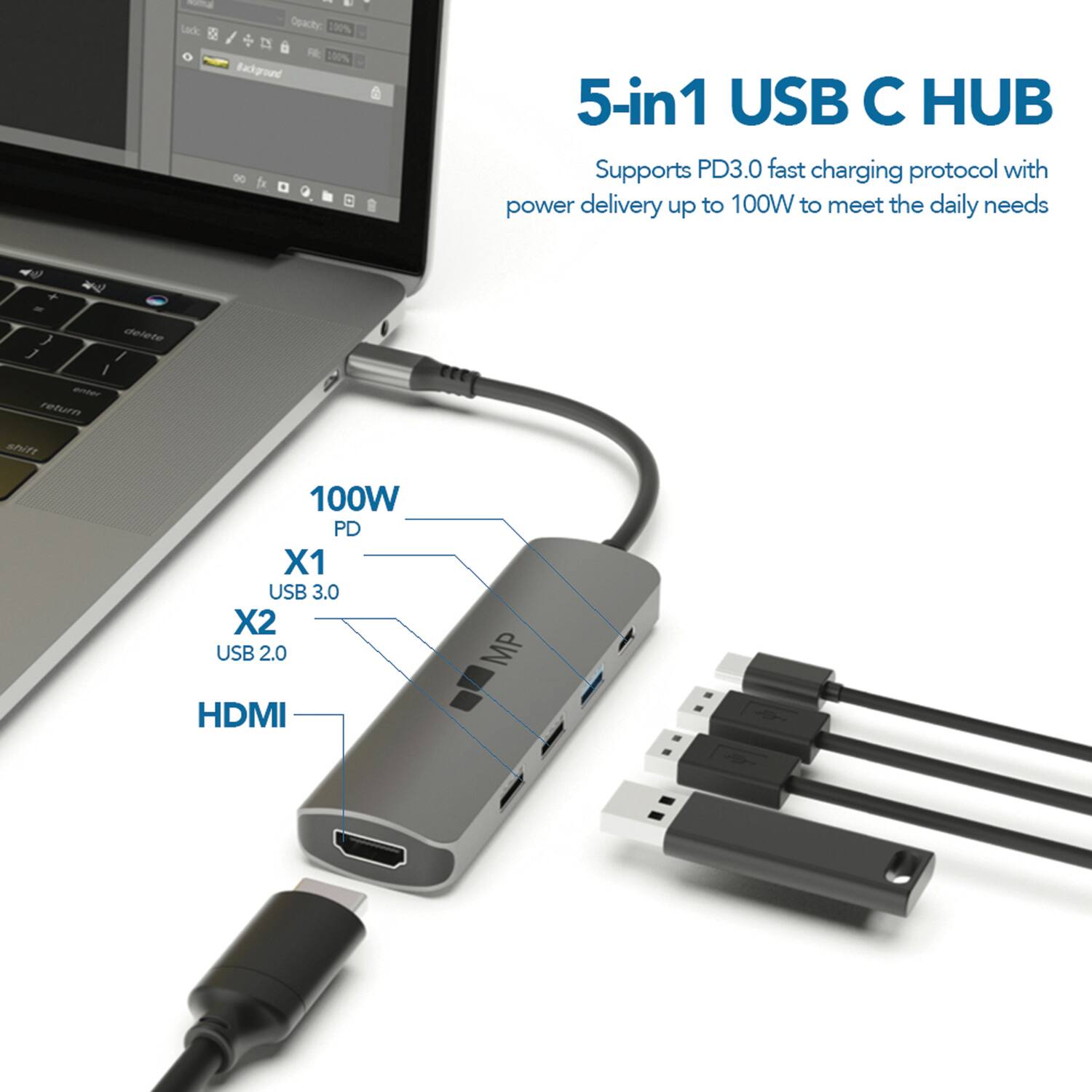I Lade Opach 100%   R 100% Eagroed 5-in1 USB C HUB Supports PD3.0 fast charging protocol with power delivery up to 100W to meet the daily needs +   delete 1 / I - return sTT 100W PD X1 USB 3.0 X2 USB 2.0 HDMI