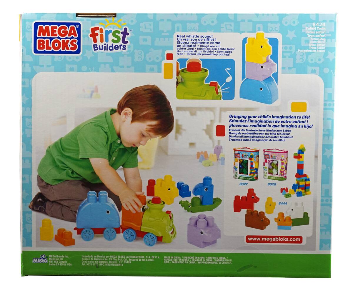 **MEGA BLOKS First Builders**

**Real whistle sound!**
- Un vrai son de sifflet!
- Suena realmente como un silbato!
- Klingt wie ein echter Zug!
- Klinkt als echte treint!
- Ha un suono di un fischio!
- Som apito realt!
- Uvzmi jak prawdziwy pociąg!

**Bringing your child's imagination to life!**
- Stimulez l'imagination de votre enfant!
- Hacemos realidad lo que imagina su hijo!
- Ersoecht die Fantasie ires Kindes!
- Breng de verbeeding aam!
- Do oite immaginazione del postro bambino!
- Trazendo a imaginao de teu filho!

**8424 Safari Train**
- Tren safari
- Sofuri-Zug
- Treno safari
- Pocloglem - Safuri

**8327**
- 8328
- 6444

**www.megabloks.com**

**MEGA Brands Inc**
- Montreal, QC
- Irvine, CA 92518 USA

**