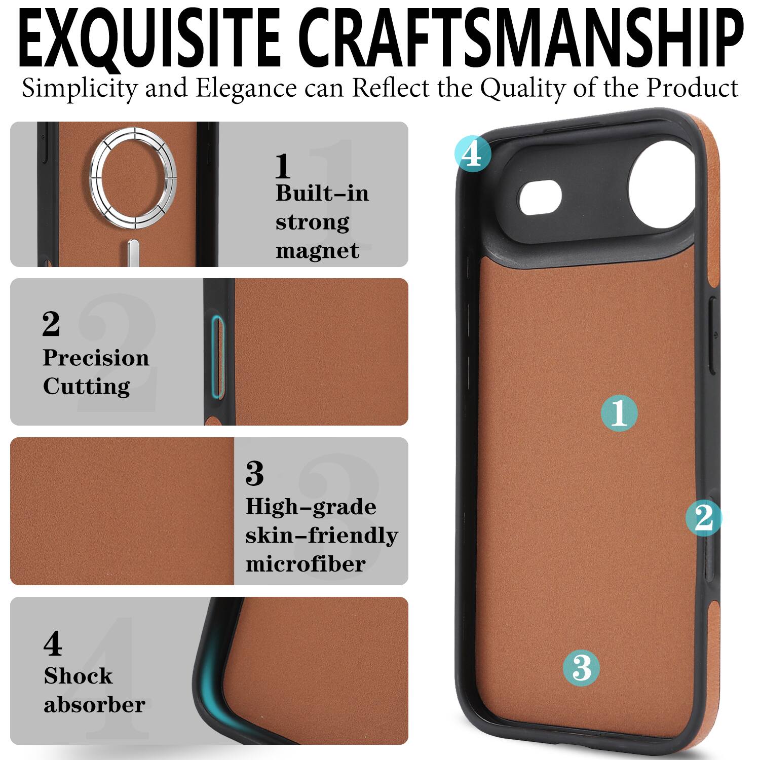 EXQUISITE CRAFTSMANSHIP  
Simplicity and Elegance can Reflect the Quality of the Product

1. Built-in strong magnet  
2. Precision Cutting  
3. High-grade skin-friendly microfiber  
4. Shock absorber