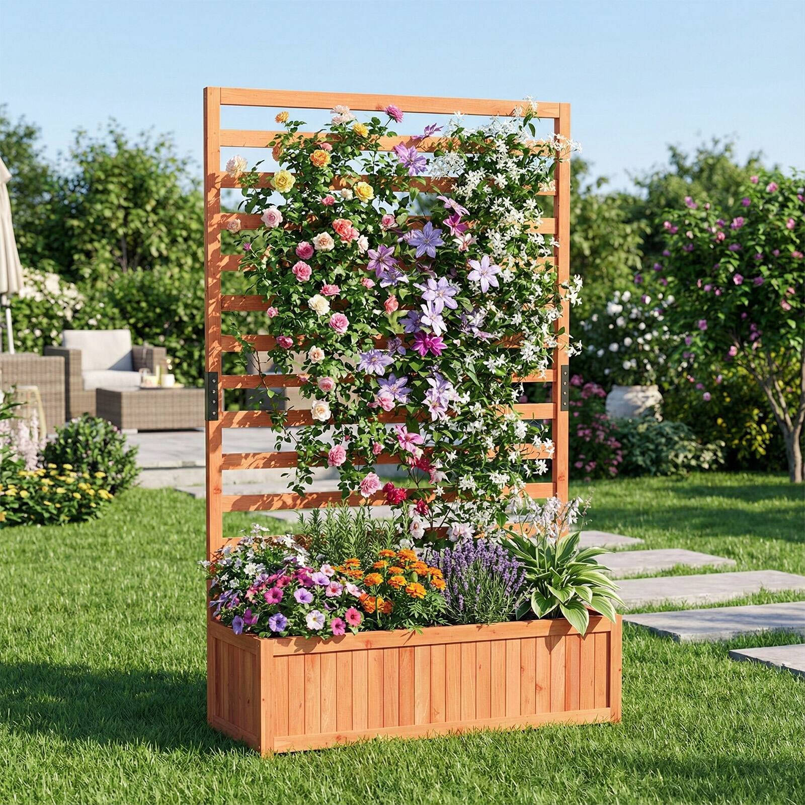 Alt View 1. Gymax - Gymax Wooden Raised Garden Bed w/ Vertical Trellis Liner Drainage - Orange.