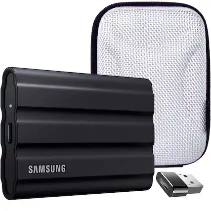 Front. Samsung - 4TB Portable SSD T7 Shield USB 3.2; Black; MU-PE4T0S/AM w/ Accessory Bundle.