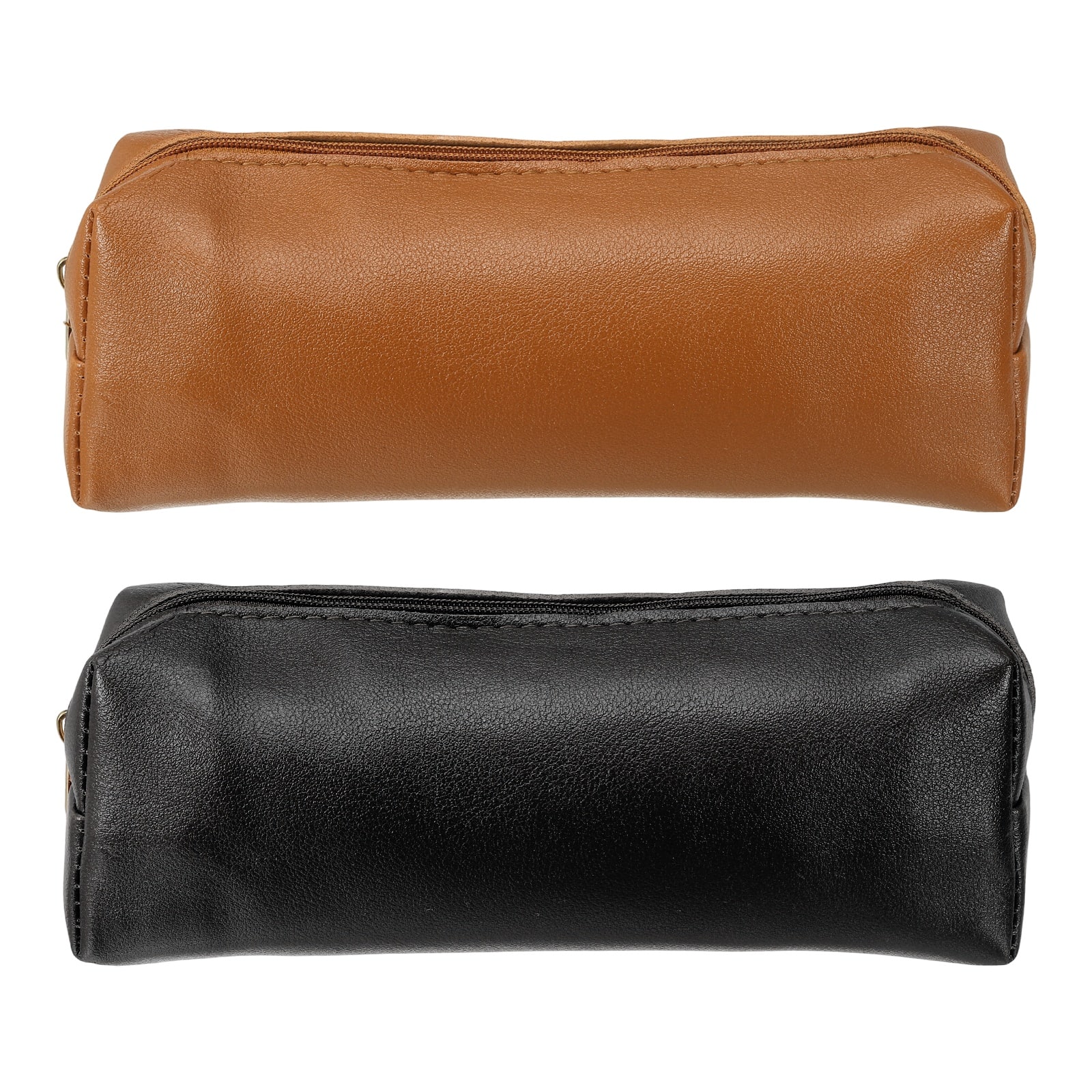 Unique Bargains - 2pcs Leather Pen Pouch, Small Zippered Pencil Case, Stationery & Makeup Organizer for Adults - Black Brown