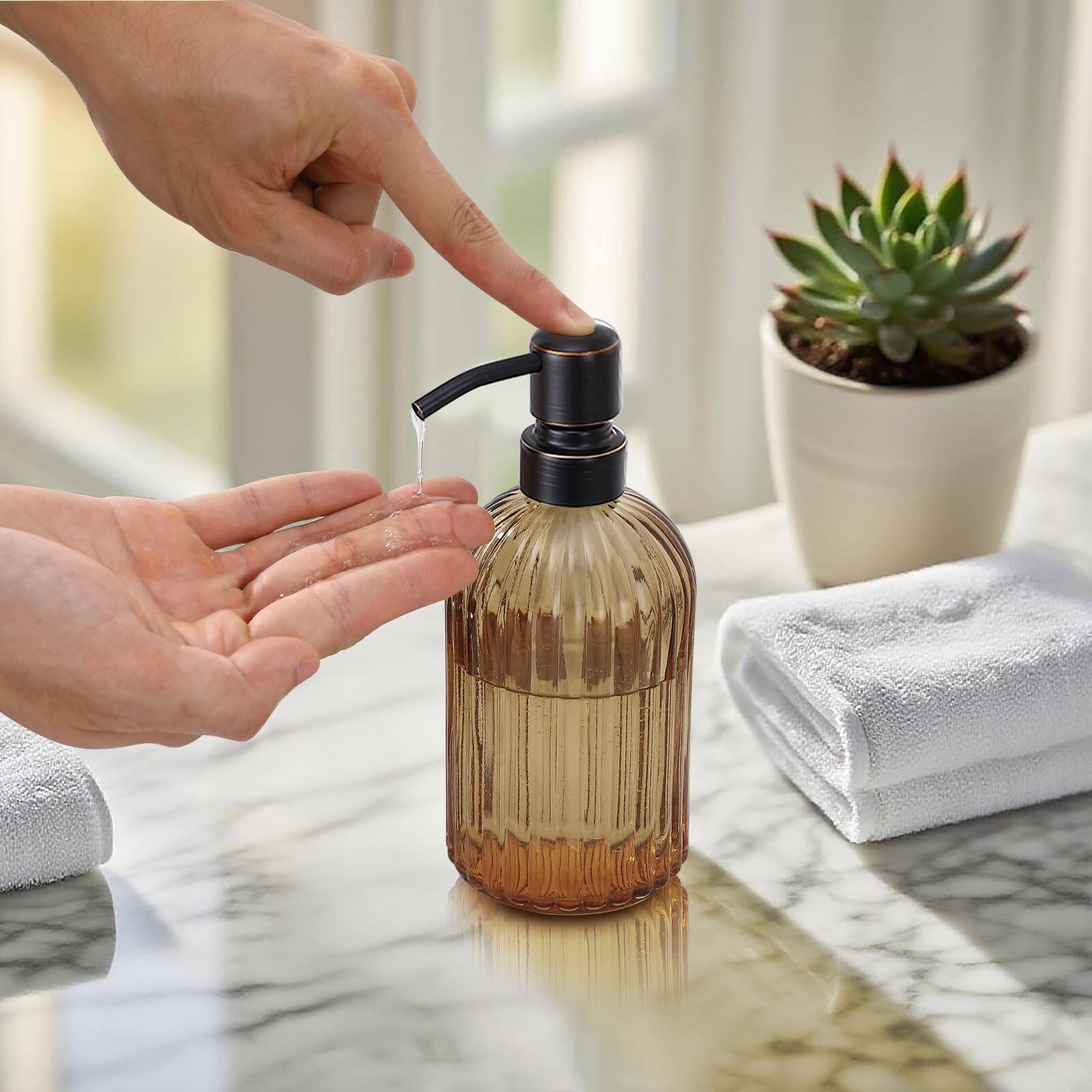Alt View 3. Dapper Styles - Glass Soap Dispenser Stripe Bathroom Hand Dispensers With Stainless Pump Kitchen Oil Rubbed - Brushed Gold + Amber-1-Pack.