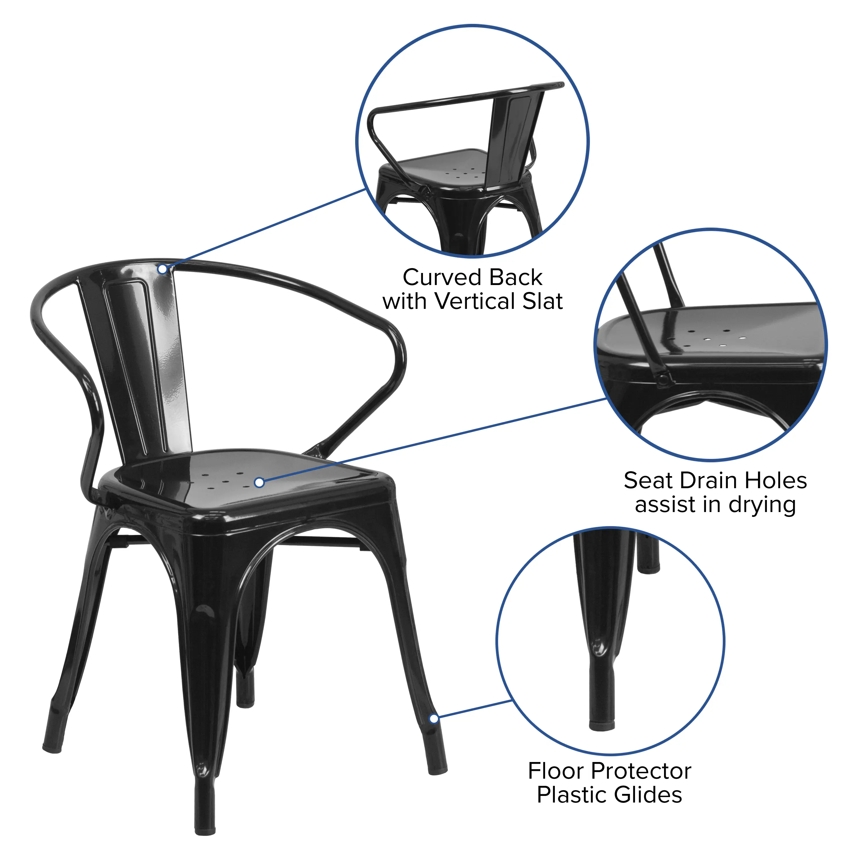 Curved Back with Vertical Slat Seat Drain Holes assist in drying Floor Protector Plastic Glides