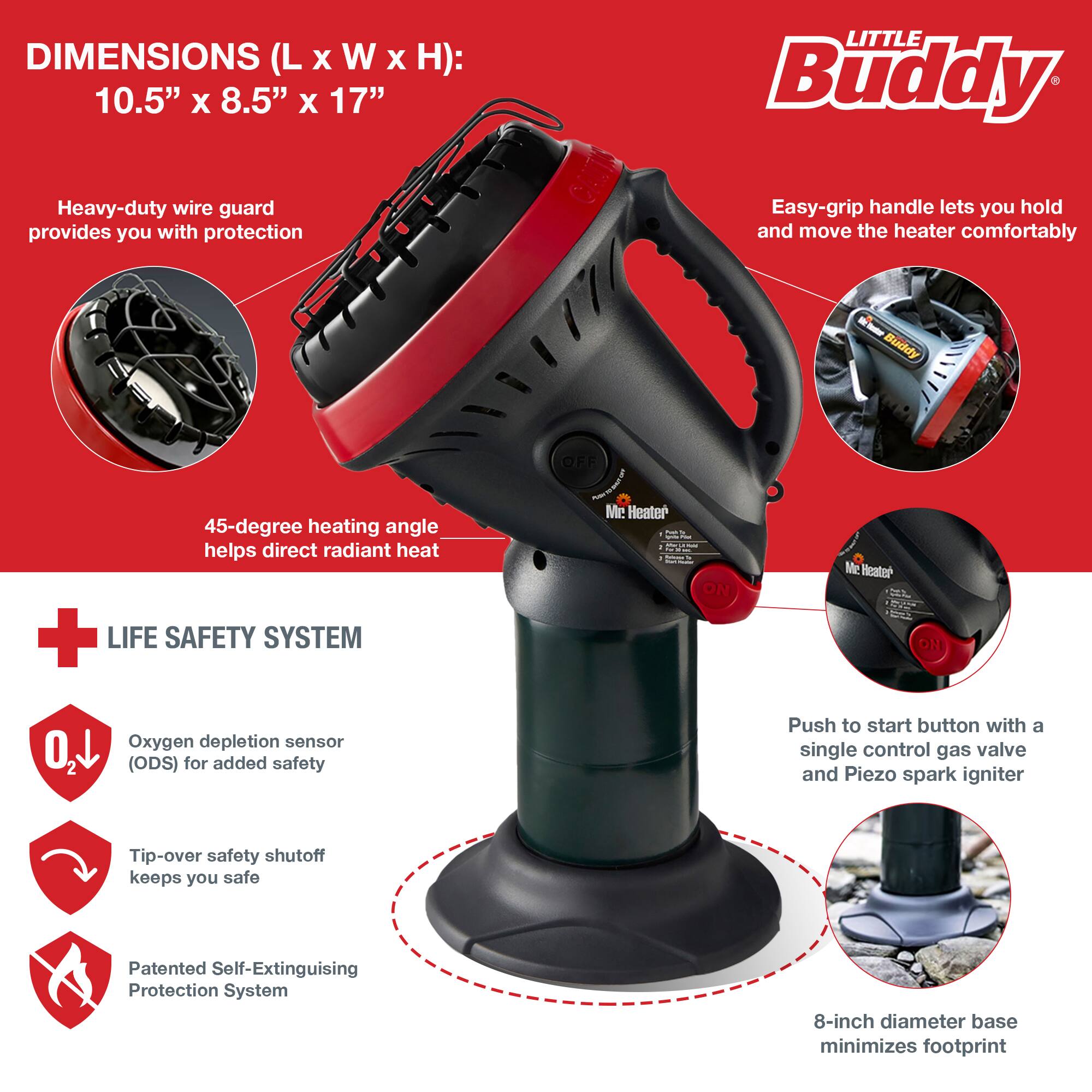 **DIMENSIONS (L x W x H):**  
10.5" x 8.5" x 17"

- Heavy-duty wire guard provides you with protection
- Easy-grip handle lets you hold and move the heater comfortably
- 45-degree heating angle helps direct radiant heat

**LIFE SAFETY SYSTEM**

- Oxygen depletion sensor (ODS) for added safety
- Tip-over safety shutoff keeps you safe
- Patented Self-Extinguishing Protection System

- Push to start button with a single control gas valve and Piezo spark igniter
- 8-inch diameter base minimizes footprint