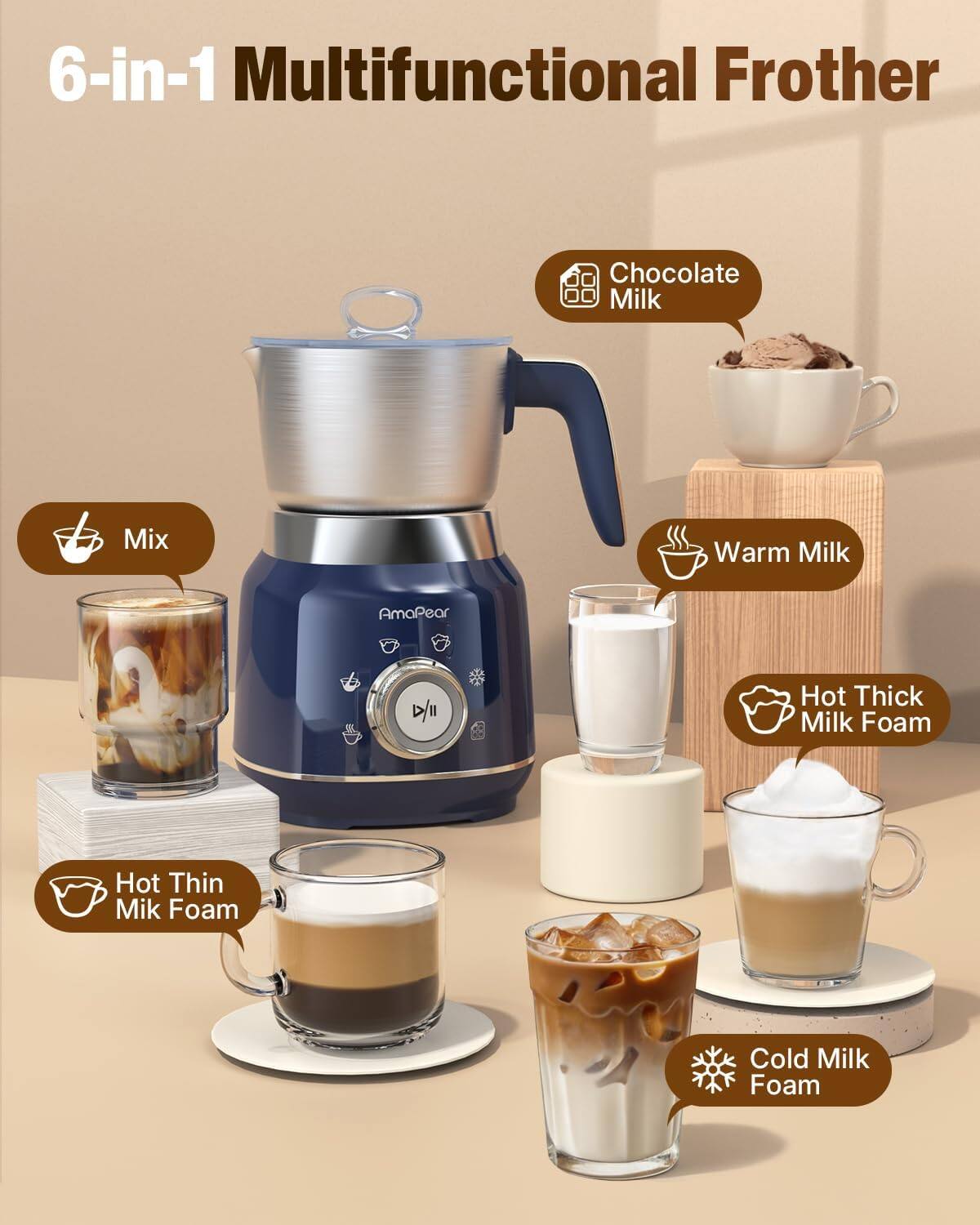 6-in-1 Multifunctional Frother

Chocolate Milk
Mix
Warm Milk
Hot Thick Milk Foam
Hot Thin Milk Foam
Cold Milk Foam