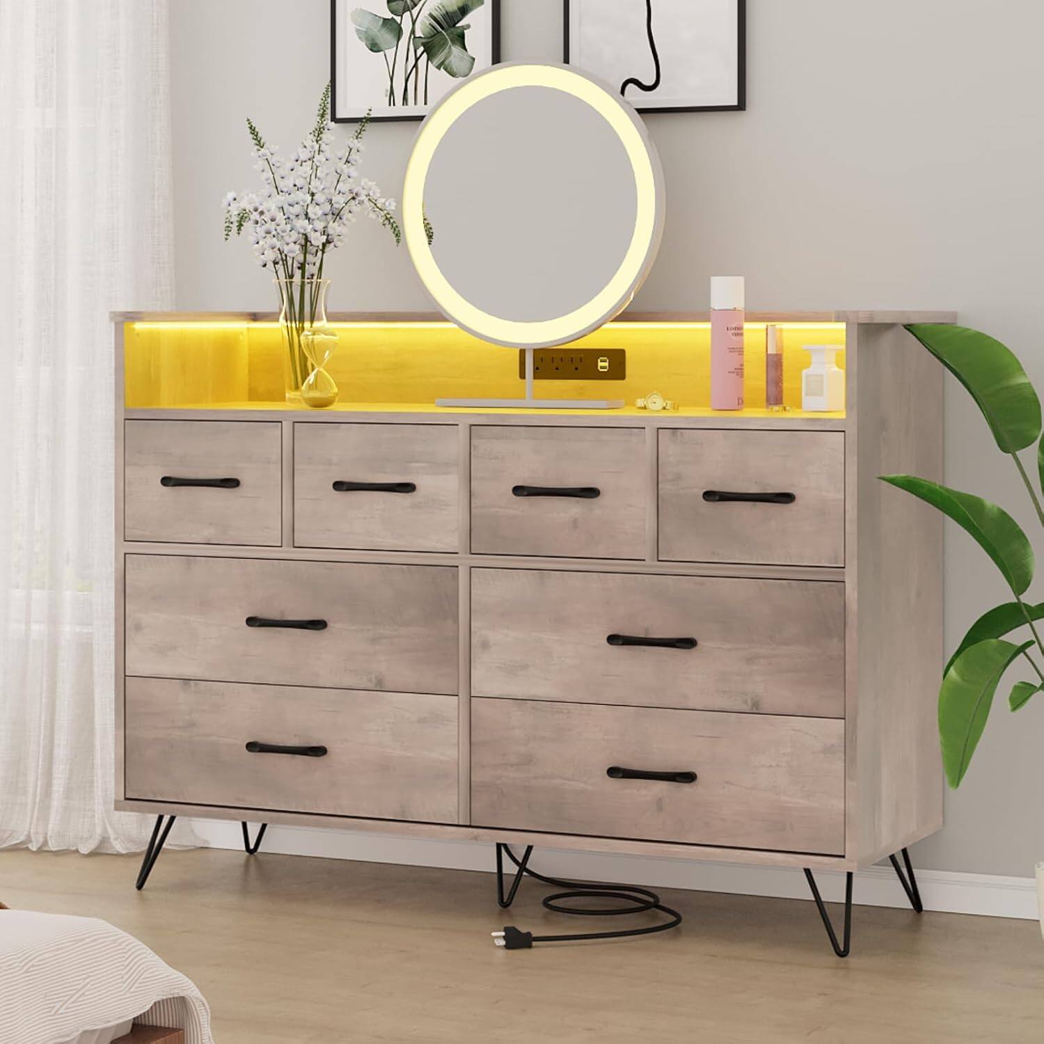 Alt View 4. GARVEE - 8 Drawer Modern Dresser, Wide Chest with Storage Drawers for Bedroom, Gaming Setup or Makeup Vanity, Antique Oak - Antique Light Color.