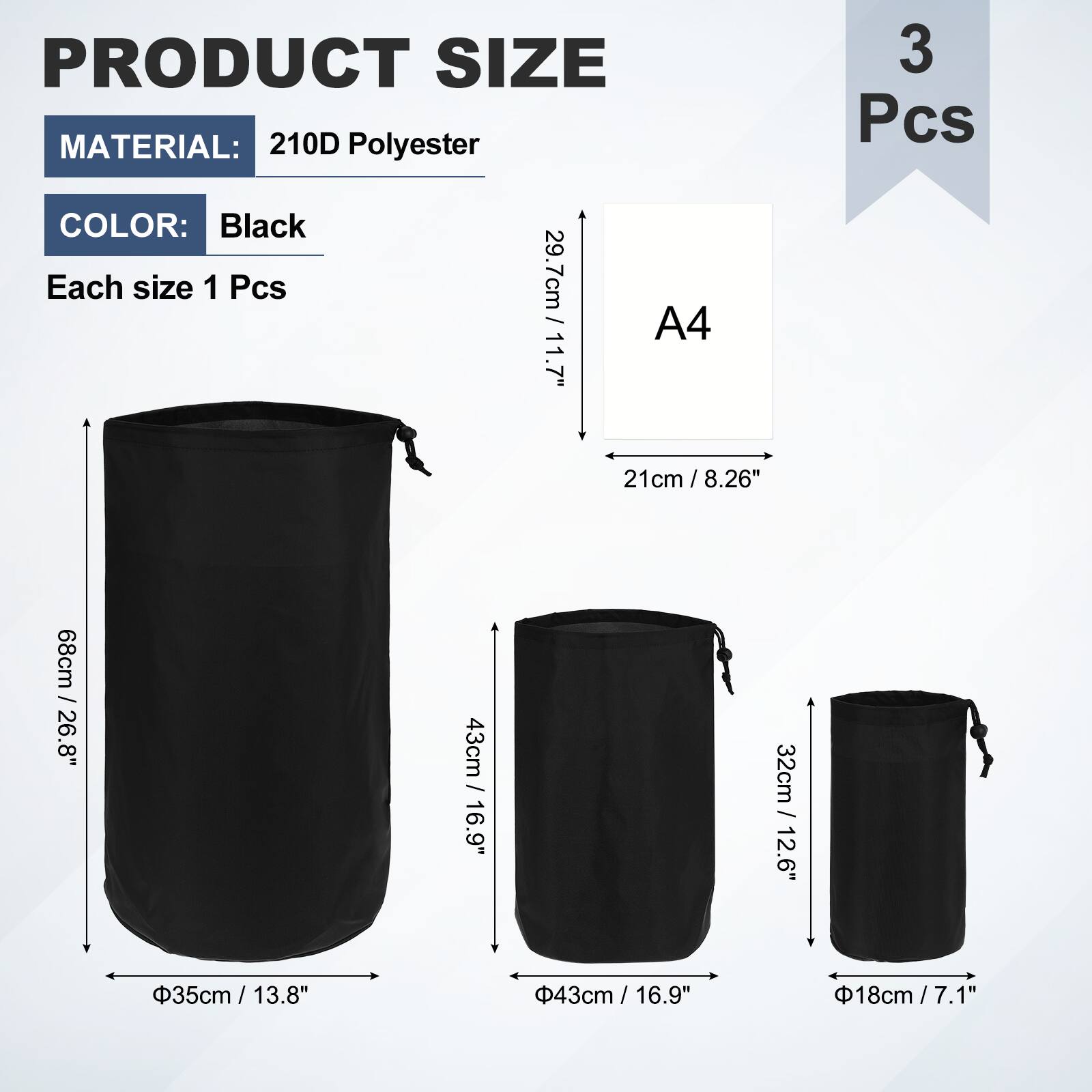 PRODUCT SIZE  
MATERIAL: 210D Polyester  
COLOR: Black  
Each size 1 Pcs  

29.7cm / 11.7"  
21cm / 8.26"  
68cm / 26.8"  
35cm / 13.8"  
43cm / 16.9"  
32cm / 12.6"  
18cm / 7.1"  

3 Pcs