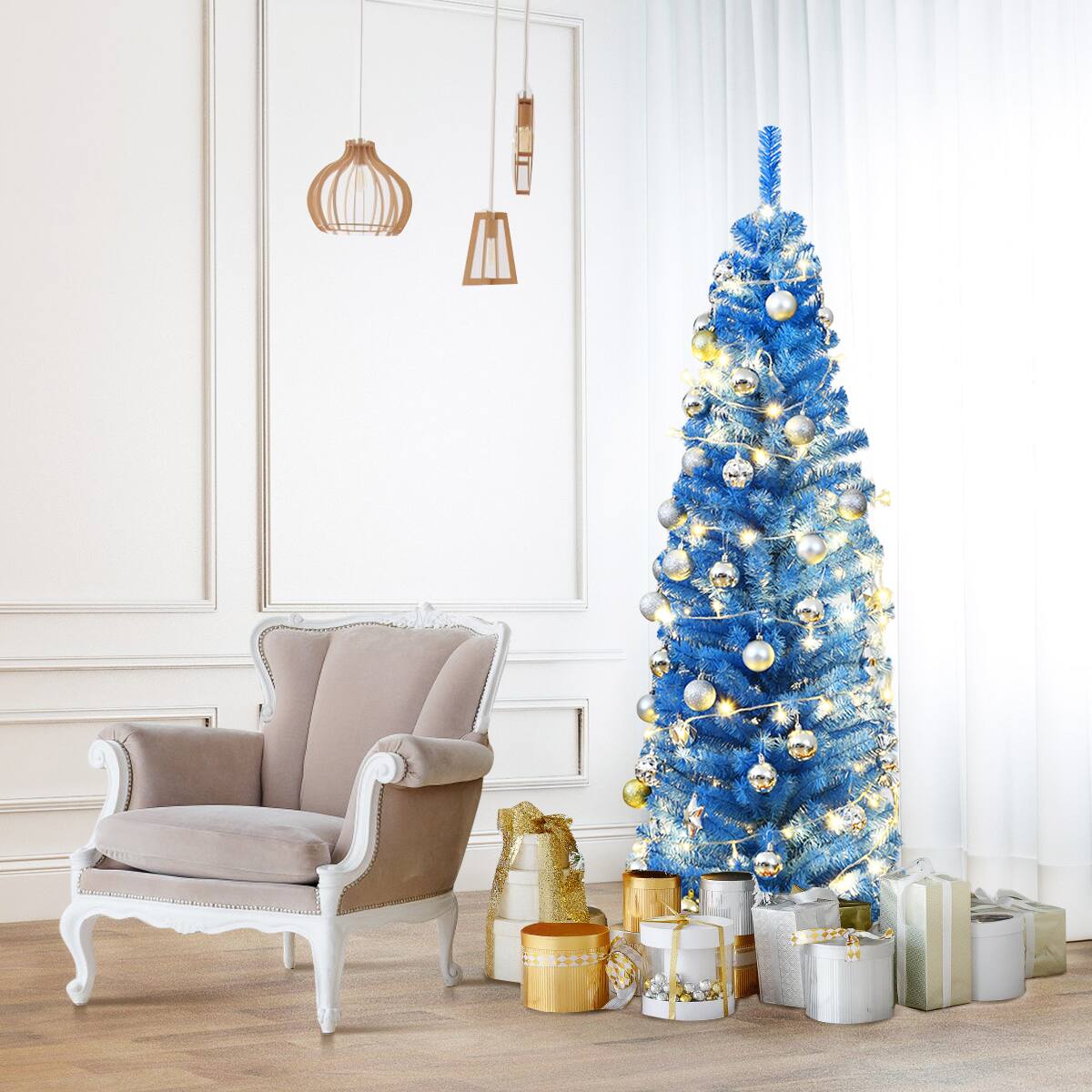 Alt View 13. Costway - 6FT Unlit Pencil Slim Tree Artificial Christmas Tree Metal/Blue - Blue.