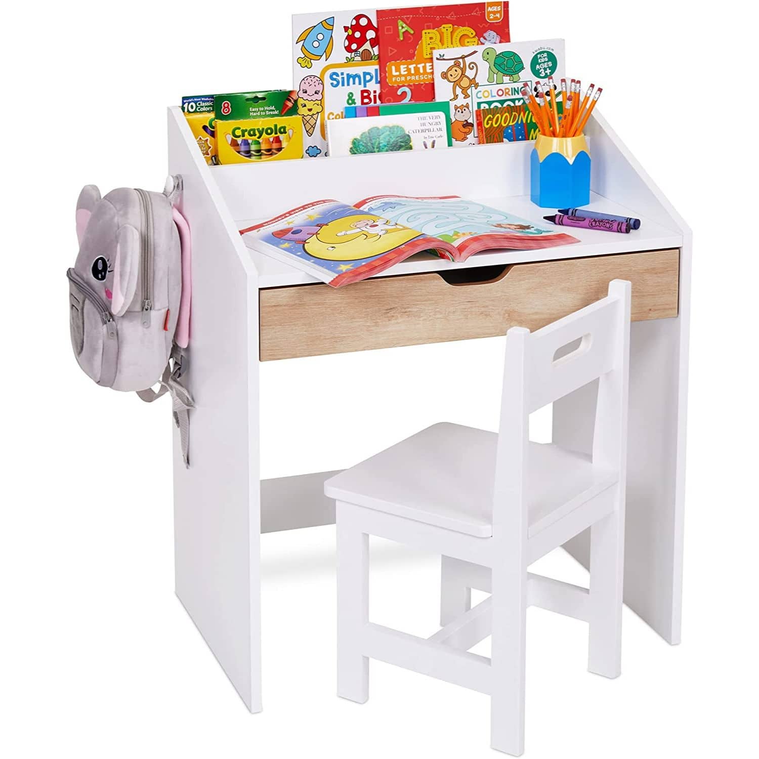 Lil' Jumbl - Toddler Wooden Study Desk and Chair Set, Home School Learning Workstation with Writing Table - White
