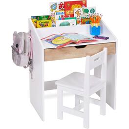 Lil' Jumbl - Toddler Wooden Study Desk and Chair Set, Home School Learning Workstation with Writing Table - White