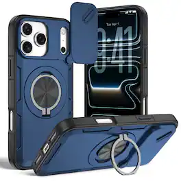 Dteck - Rotating Ring Kickstand For iPhone 17 Pro Max Case, Magnetic Shockproof Hard PC TPU Bumper Cover - Darkblue