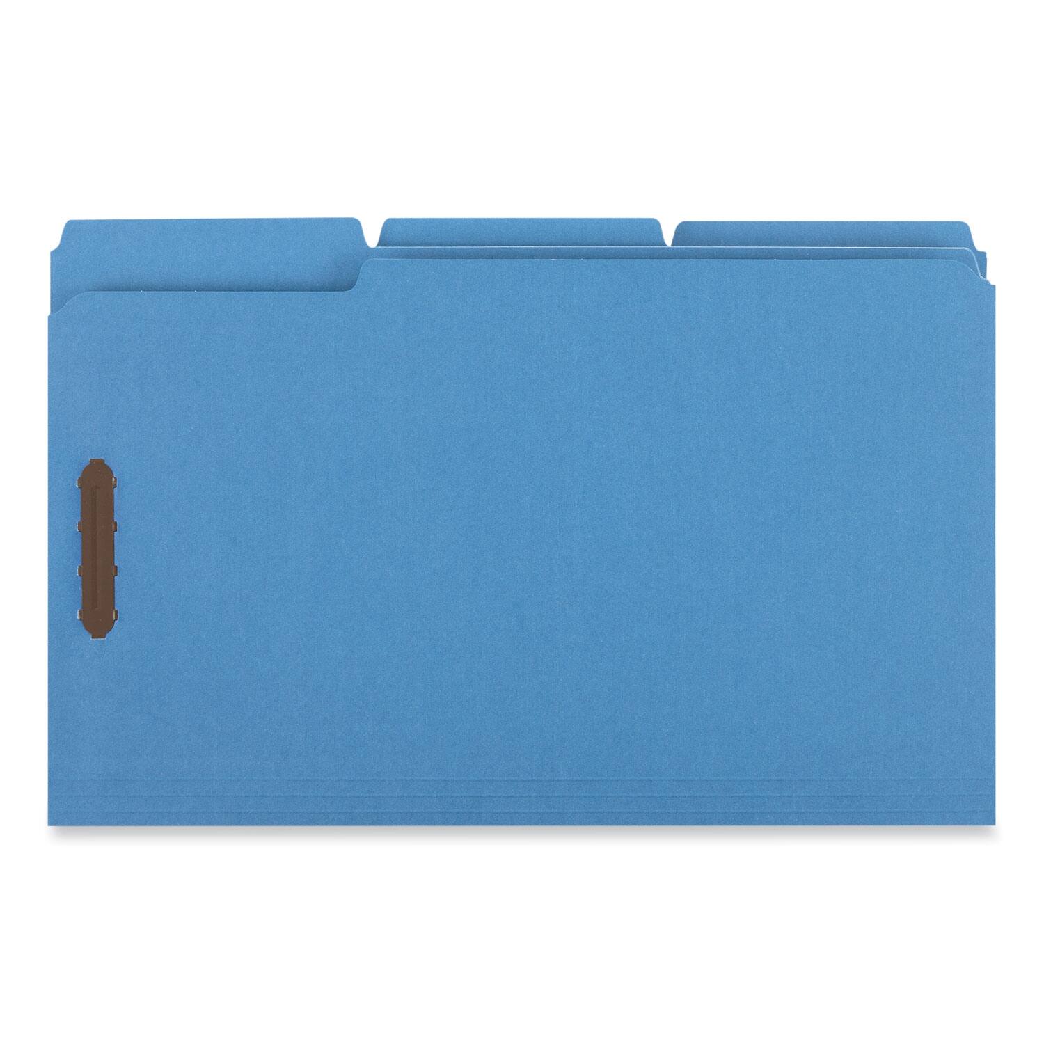 Left. Universal - Deluxe Reinforced Top Tab Fastener Folders, 0.75" Expansion, 2 Fasteners, Legal Size, Blue Exterior, 50/Box.