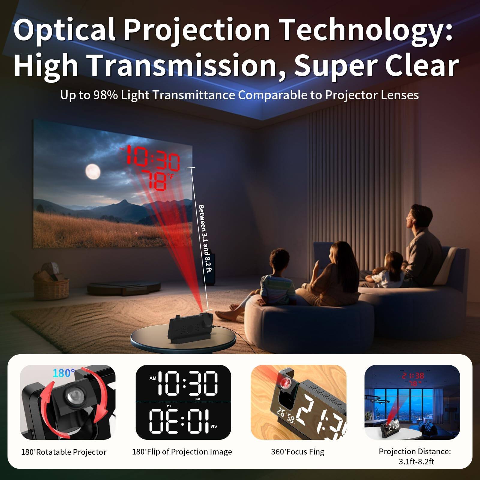 Optical Projection Technology: High Transmission, Super Clear  
Up to 98% Light Transmittance Comparable to Projector Lenses  

10:30  
78°  
Between 3.1ft and 8.2ft  

180° Rotatable Projector  
180° Flip of Projection Image  
360° Focus Fing  
Projection Distance: 3.1ft-8.2ft