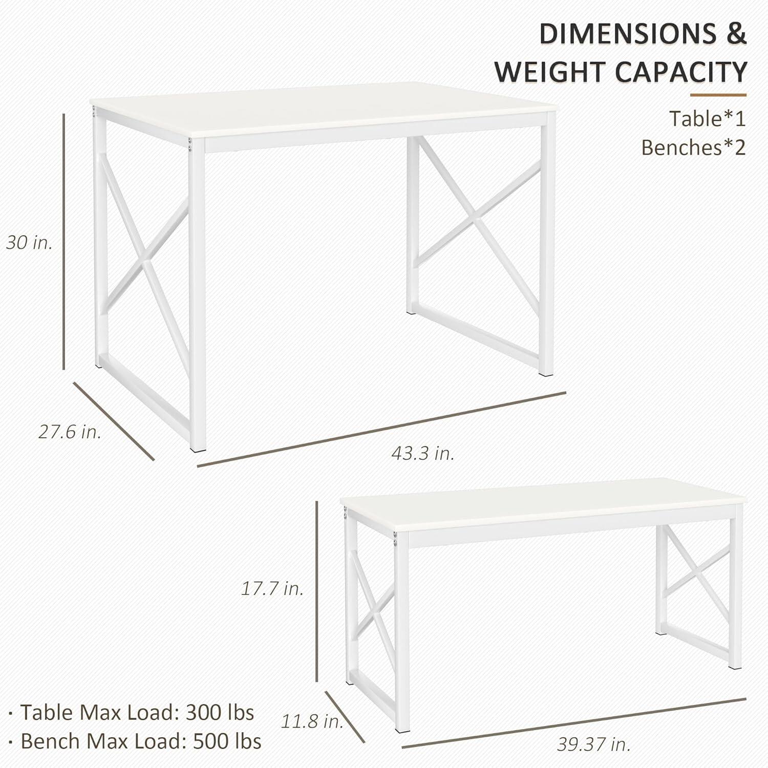 **DIMENSIONS & WEIGHT CAPACITY**

- **Table*1**
  - Width: 43.3 in.
  - Depth: 30 in.
  - Height: 27.6 in.
  - Leg Height: 17.7 in.
  - Table Max Load: 300 lbs

- **Benches*2**
  - Width: 39.37 in.
  - Depth: 11.8 in.
  - Bench Max Load: 500 lbs