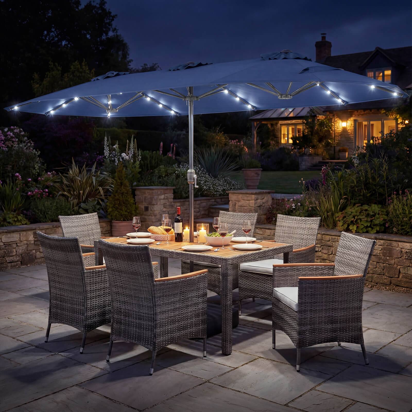 Alt View 1. Costway - Costway 8 PCS Outdoor Wicker Dining Furniture & Double-Sided Umbrella with Solar LED Lights - Navy + Mix Gray.