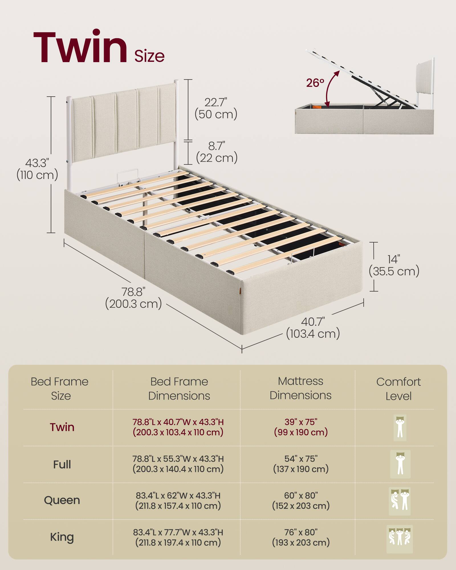 Twin Size

Bed Frame Size | Bed Frame Dimensions | Mattress Dimensions | Comfort Level

Twin | 78.8"L x 40.7"W x 43.3"H (200.3 x 103.4 x 110 cm) | 39" x 75" (99 x 190 cm) | 1

Full | 78.8"L x 55.3"W x 43.3"H (200.3 x 140.4 x 110 cm) | 54" x 75" (137 x 190 cm) | 2

Queen | 83.4"L x 62"W x 43.3"H (211.8 x 157.4 x 110 cm) | 60" x 80" (152 x 203 cm) | 3

King | 83.4"L x 77.7"W x 43.3"H (211.8 x 197.4 x 1