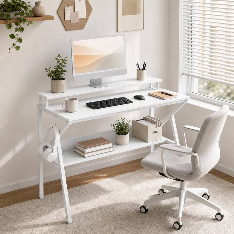 Angle. WELLFOR - 39.5 " Modern Computer Desk with Monitor Stand & Storage Shelf, Small Gaming Desk for Home Office - White.
