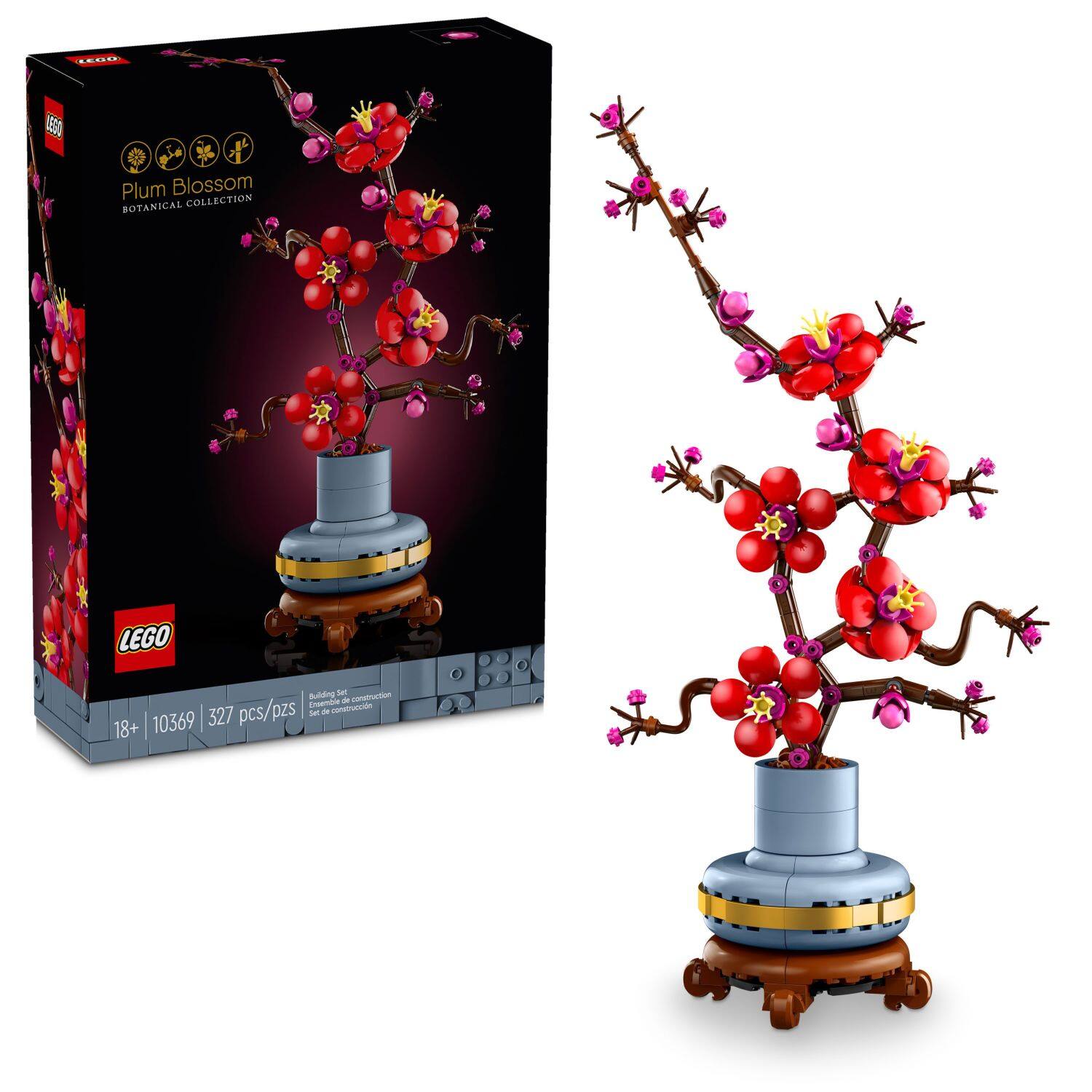 The image features a LEGO Plum Blossom tree, which is part of the LEGO Botanical Collection. The tree is made up of many small red flowers, and it is displayed in a box. The box contains 1550 pieces, and the tree is made up of 18+ pieces. The tree is a beautiful addition to any LEGO collection or display.
