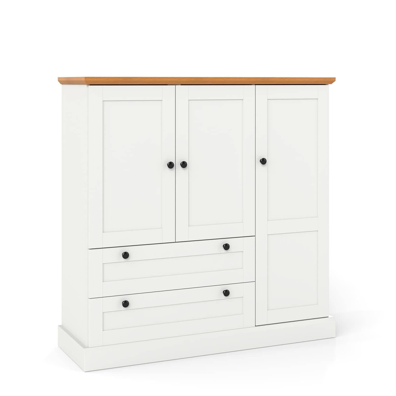 Pefilos - 47.5" Kitchen Storage Cabinet,3-Door 2 Large Drawers,Removable Shelf, Natural - White