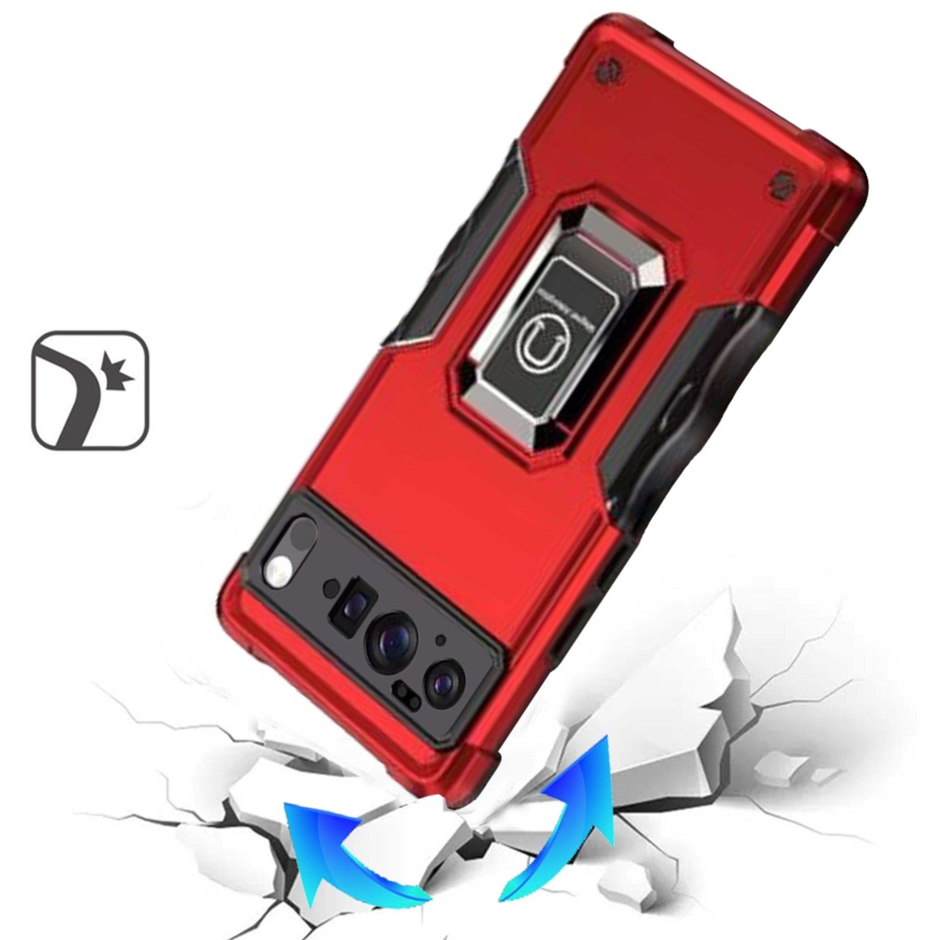 Left. Kitcheniva - Ergonomic Grip Hybrid Case With 360° Ring Stand And Tempered Glass For Google Pixel 10 & Google Pixel 10 Pro Red - Red.