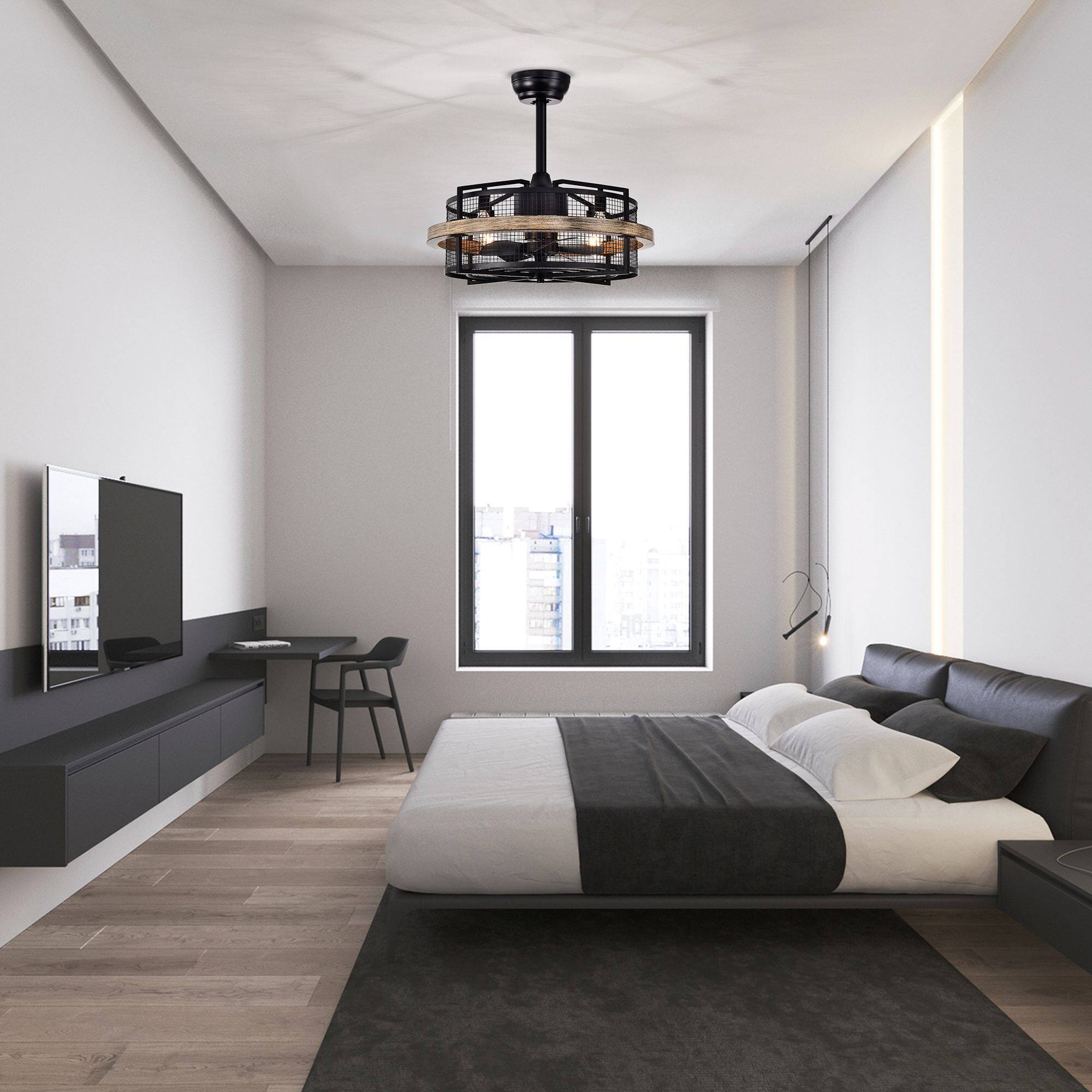 Alt View 1. Parrot Uncle - 20" Farmhouse Black Caged Ceiling Fan with Remote Control - Black.