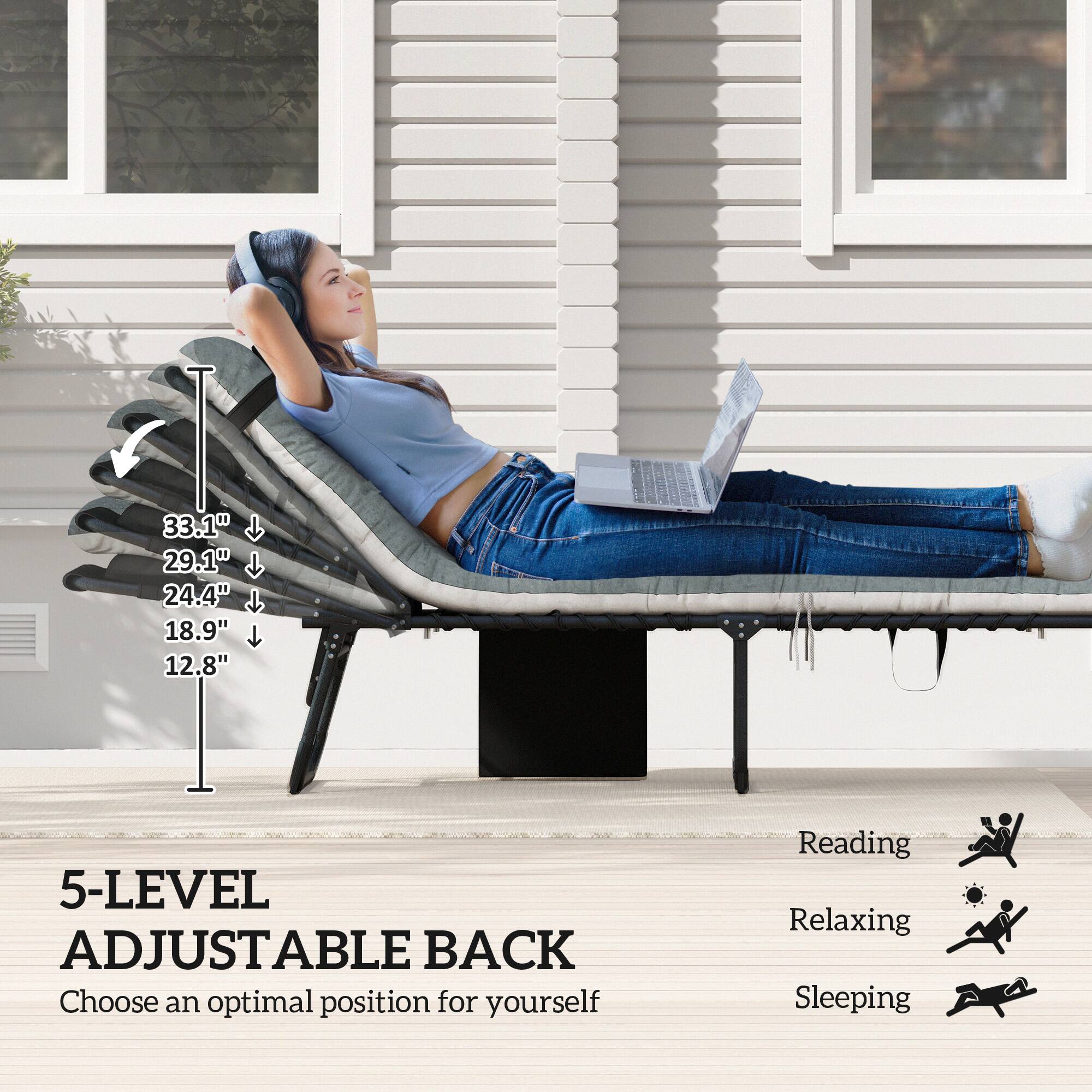 5-LEVEL ADJUSTABLE BACK  
Choose an optimal position for yourself  

Reading  
Relaxing  
Sleeping  

33.1"  
29.1"  
24.4"  
18.9"  
12.8"