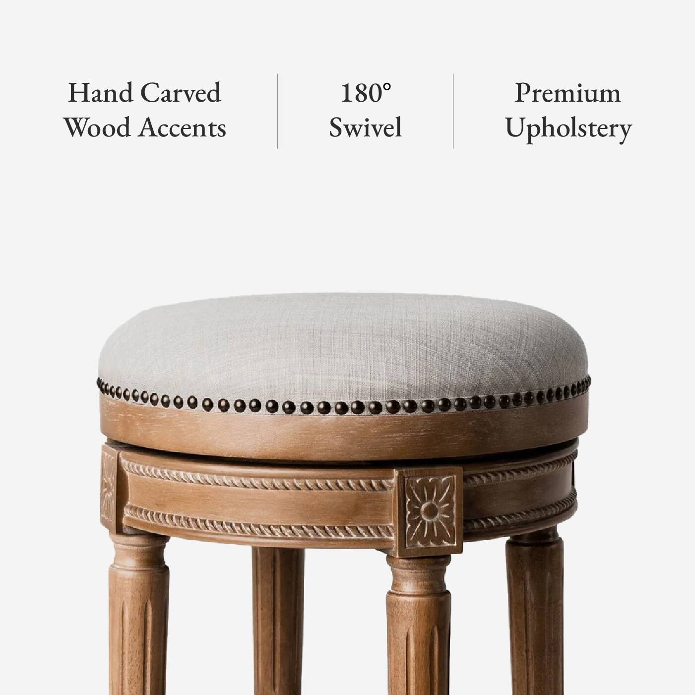 Hand Carved Wood Accents, 180° Swivel, Premium Upholstery