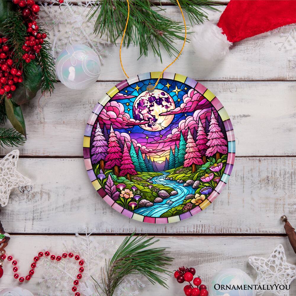 Back. OrnamentallyYou - Enchanted Forest Glow Pink Themed Ornament Mystical Moonlit Landscape Gift and Decor - Multi-colored.