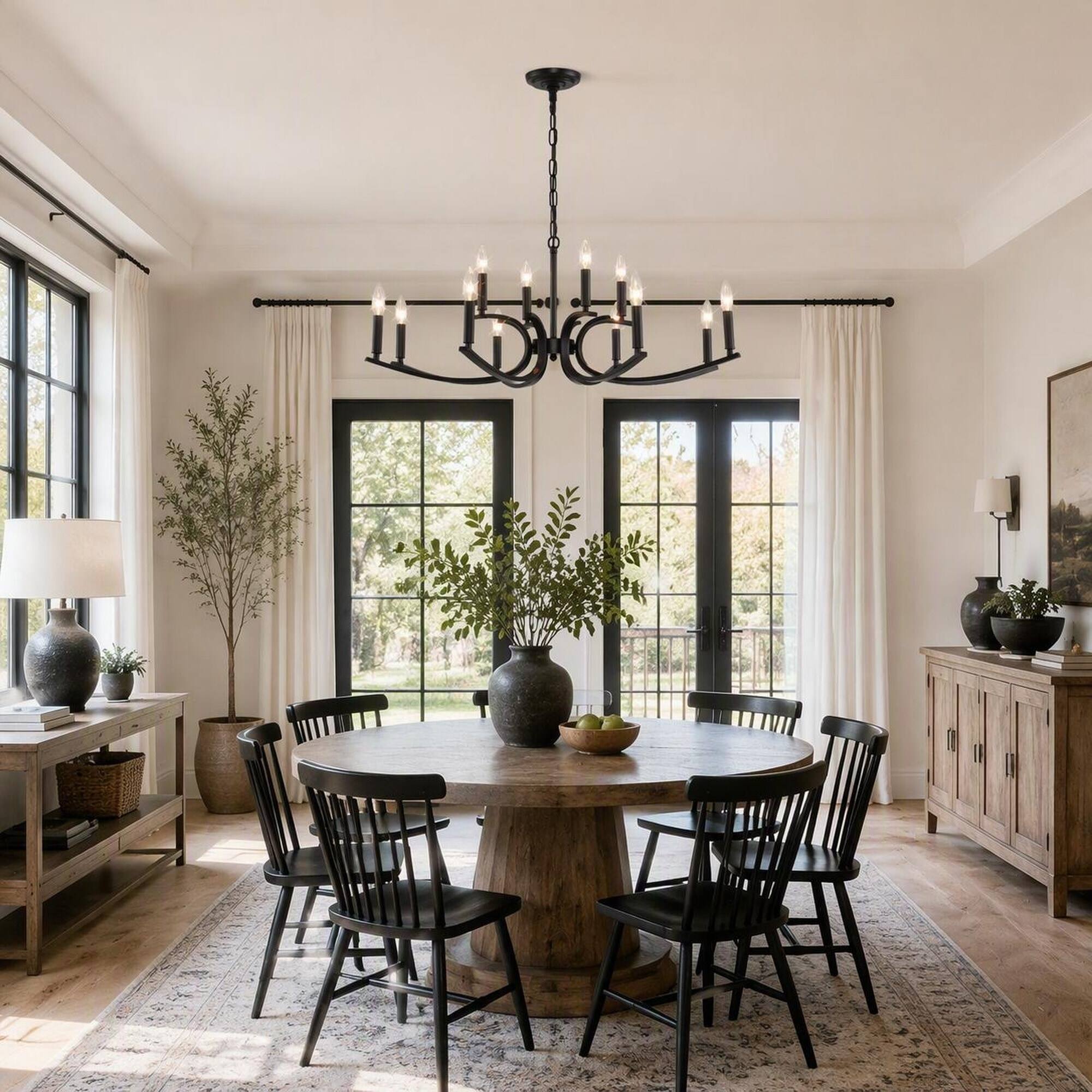 Left. RYHNUYNE - 12-Light Farmhouse Chandelier in Matte Black, Industrial Metal Pendant for High Ceilings in Living Rooms, Dining Rooms.