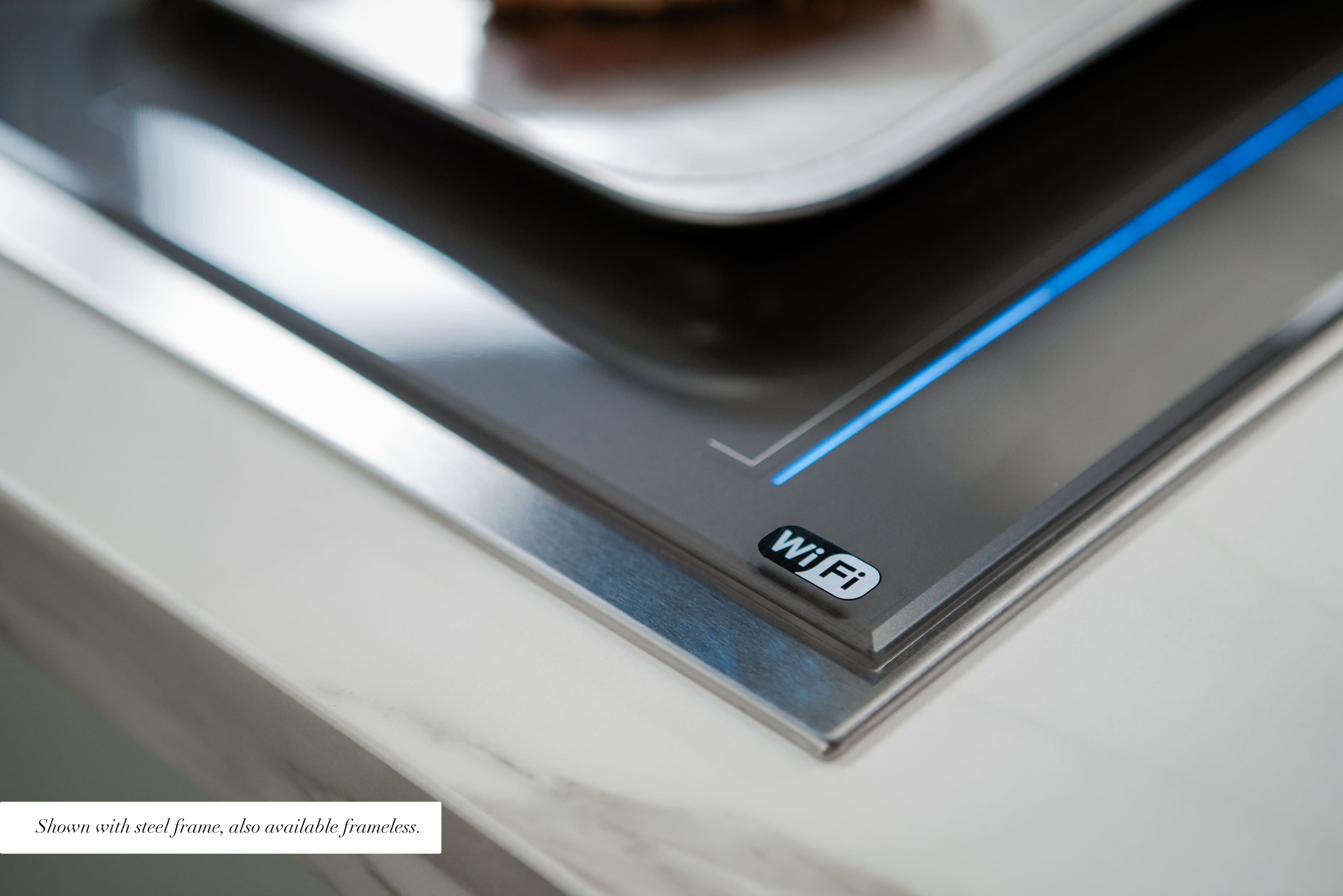 The image shows a Wi-Fi device with a steel frame, which is also available in a frameless version.