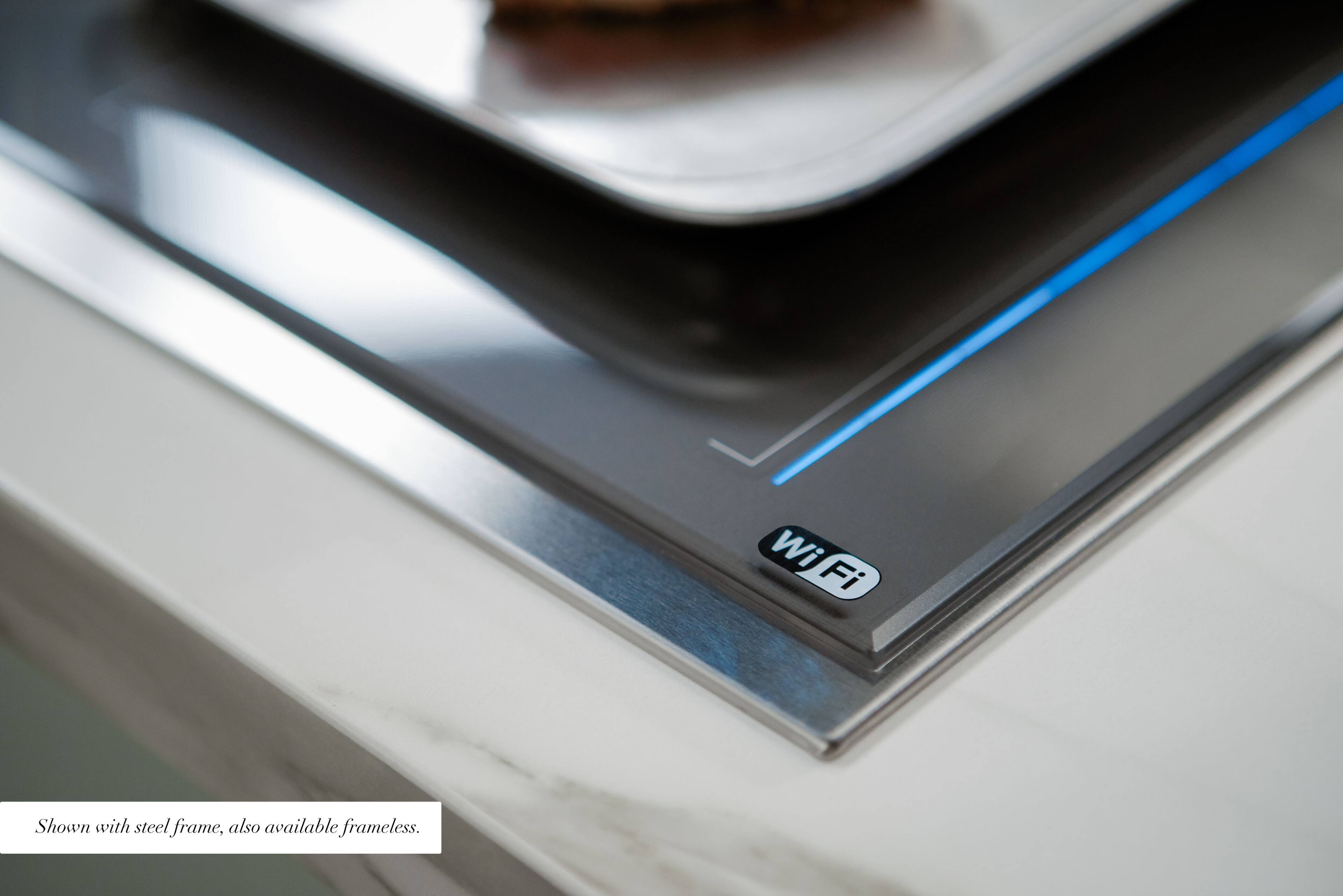 The image shows a Wi-Fi device with a steel frame, which is also available in a frameless version.