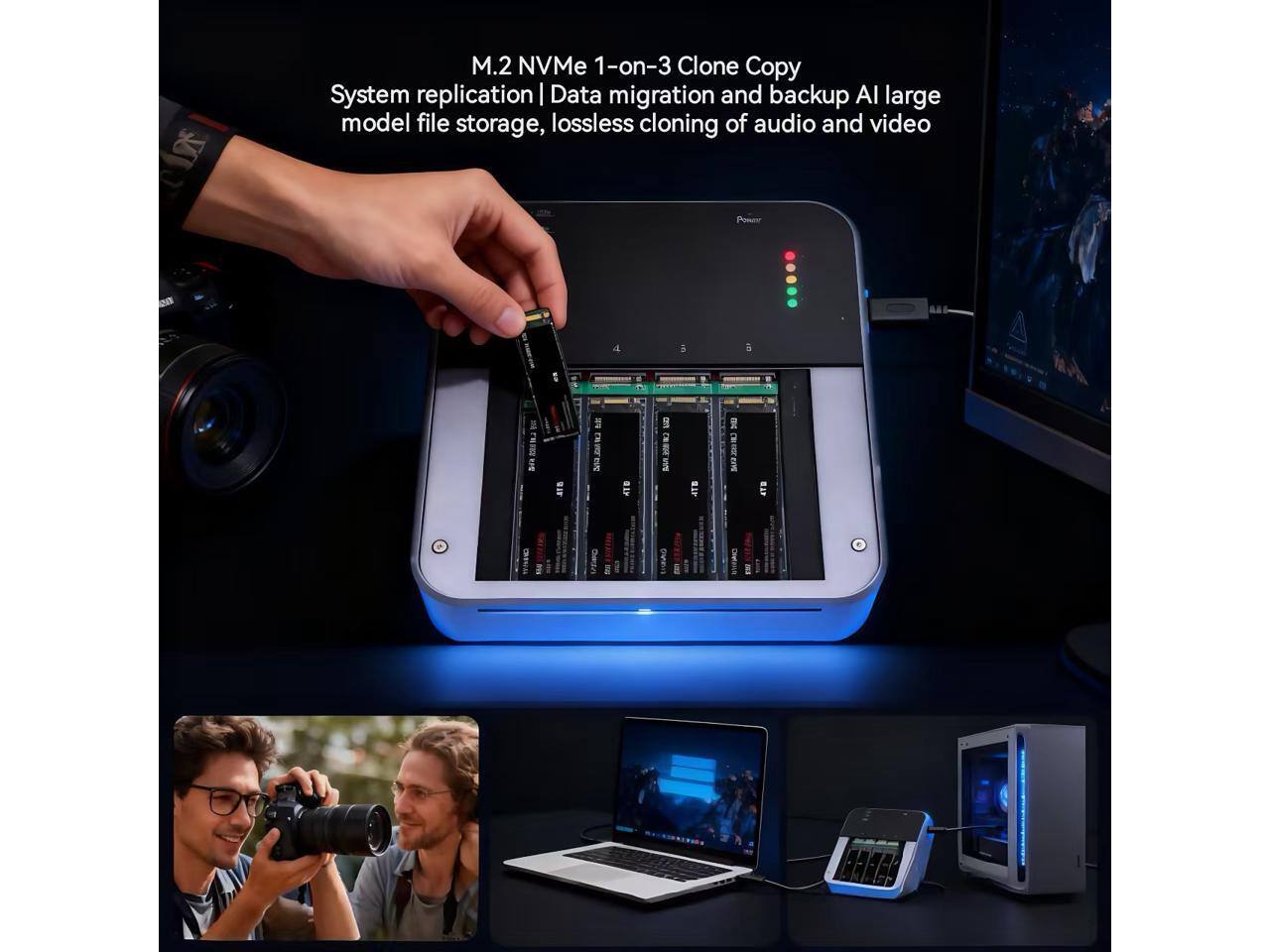 M.2 NVMe 1-on-3 Clone Copy  
System replication | Data migration and backup | AI large model file storage, lossless cloning of audio and video