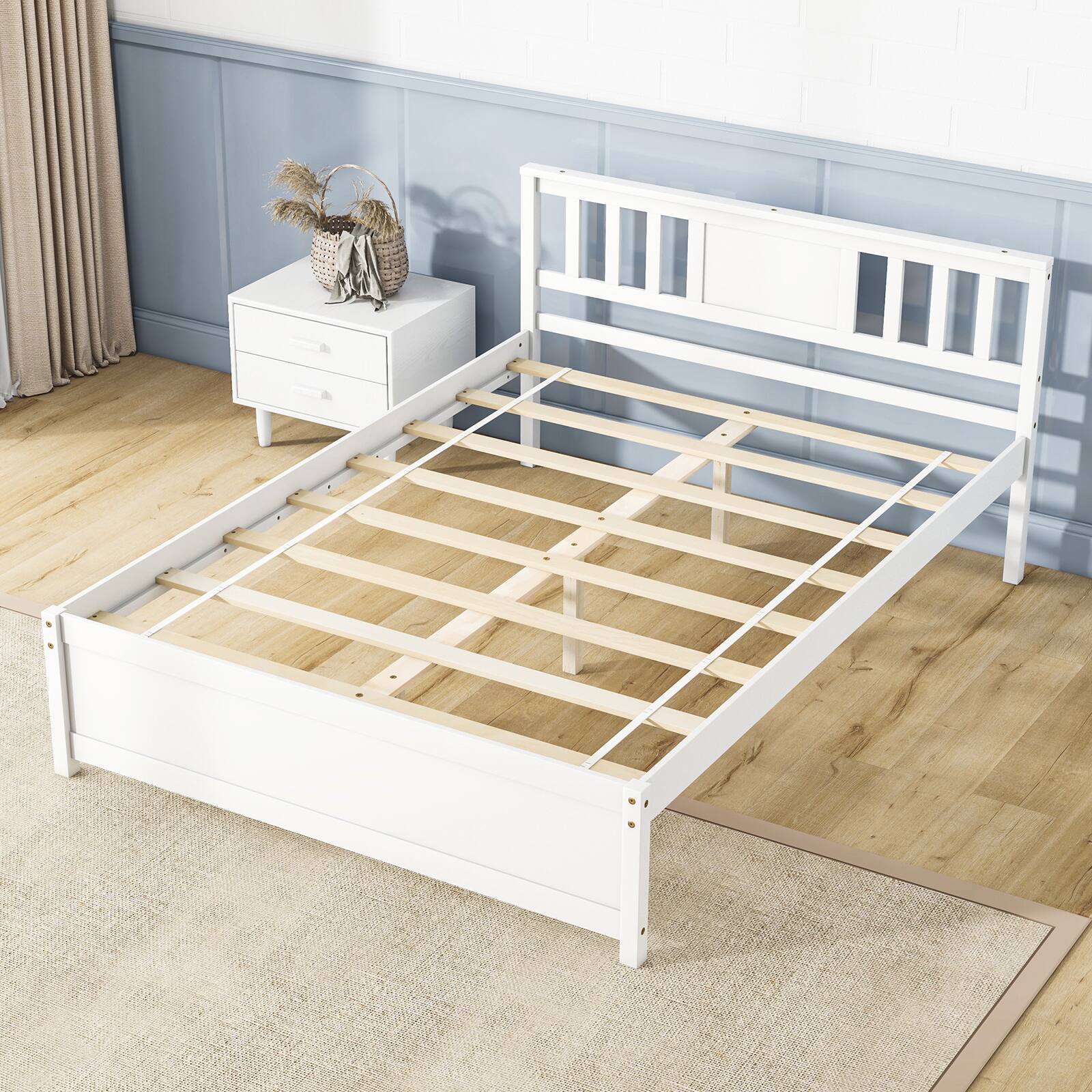 Alt View 3. Gymax - Gymax Full Size Bed Frame w/ Headboard Wood Slat Support No Box Spring Needed - White.