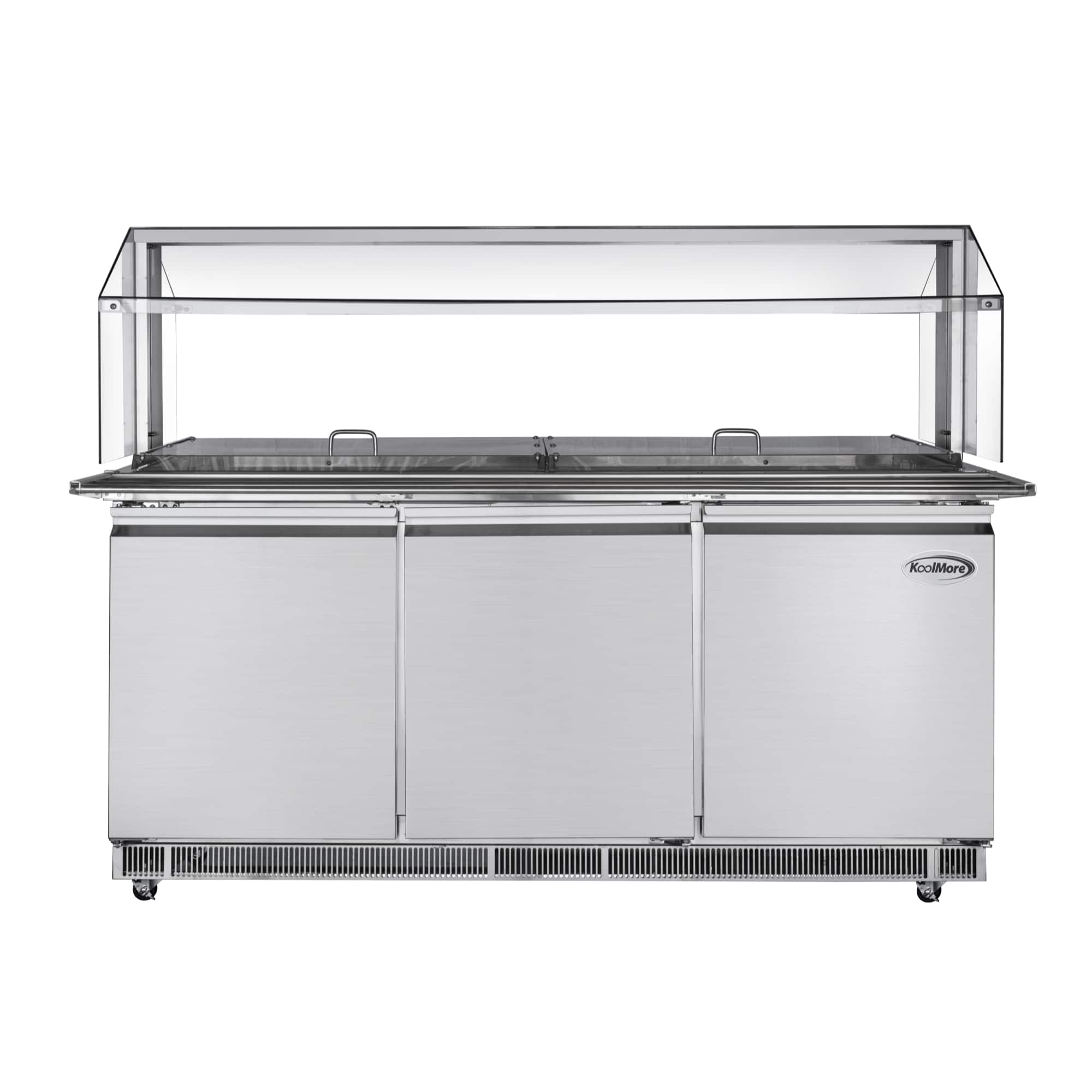 Koolmore - 72 in. Refrigerated Prep Station with Sneeze Guard and Buffet Slide, 15-Pan (Not Included) Capacity 3 Adjustable Shelves - Stainless-Steel