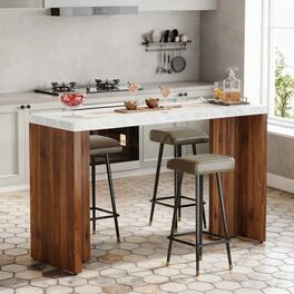 Tribesigns - Bar Table with Wood Construction and Faux Marble Top for Dining Room, Kitchen and Living Room - Brown