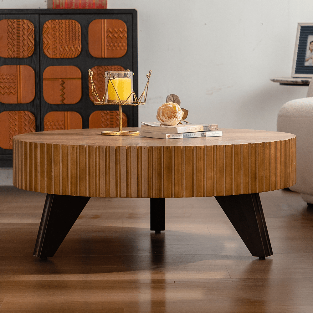 Alt View 1. Trinkets Crazed - Solid Round Coffee Table, Pedestal Design With Rustic Wood Grain | Space-Saving Accent Table - Natural.