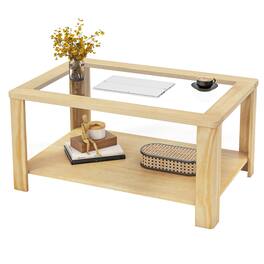 Gymax - 2-Tier Coffee Table w/ Tempered Glass Tabletop & Storage Shelf Rounded Corners - Natural