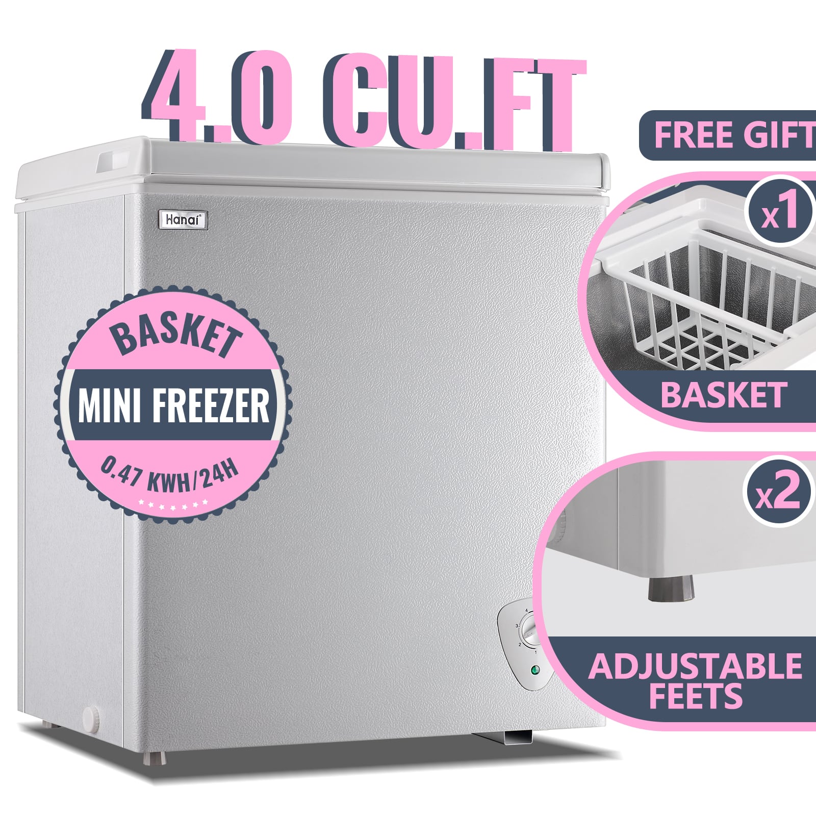 WANAI - Mini Compact Chest Freezer 4.0 Cu.Ft for Dorm Home, Free-Standing Top Door Freezer with Removable Storage Basket - White