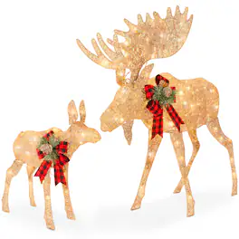 Best Choice Products - 2-Piece Moose Family Lighted Christmas Yard Decor Set w/ 170 LED Lights, Stakes, Zip Ties - Gold