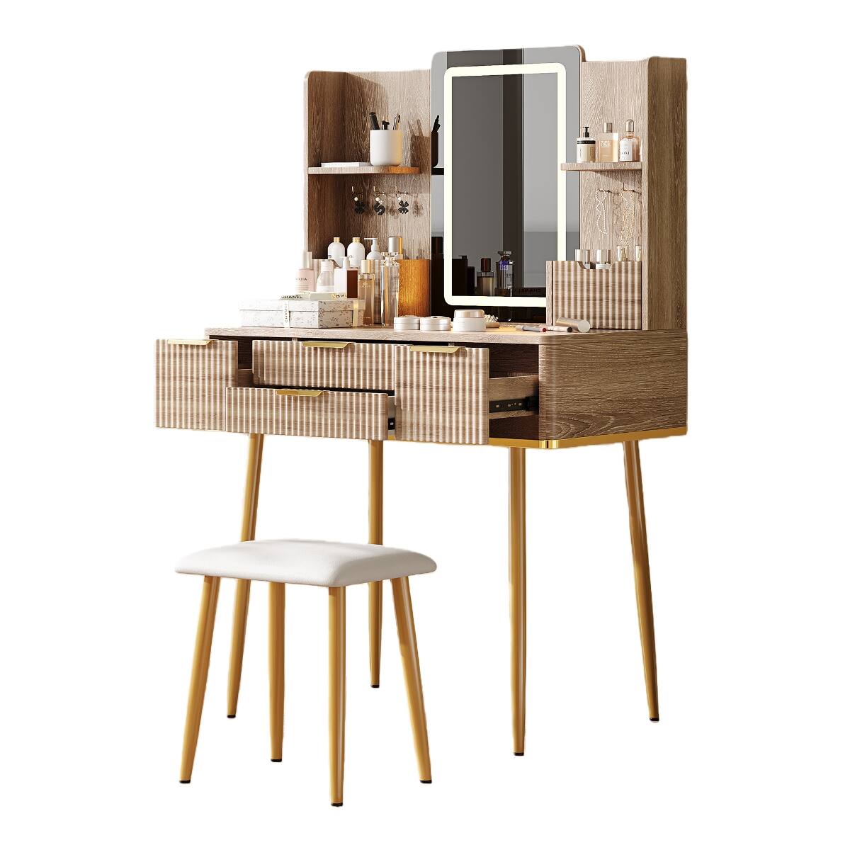 Alt View 8. Loheer - Loheer 4 Drawer Makeup Vanity with LED Mirror, Fluted Makeup Table and Jewelry Storage - Yellow Brown.