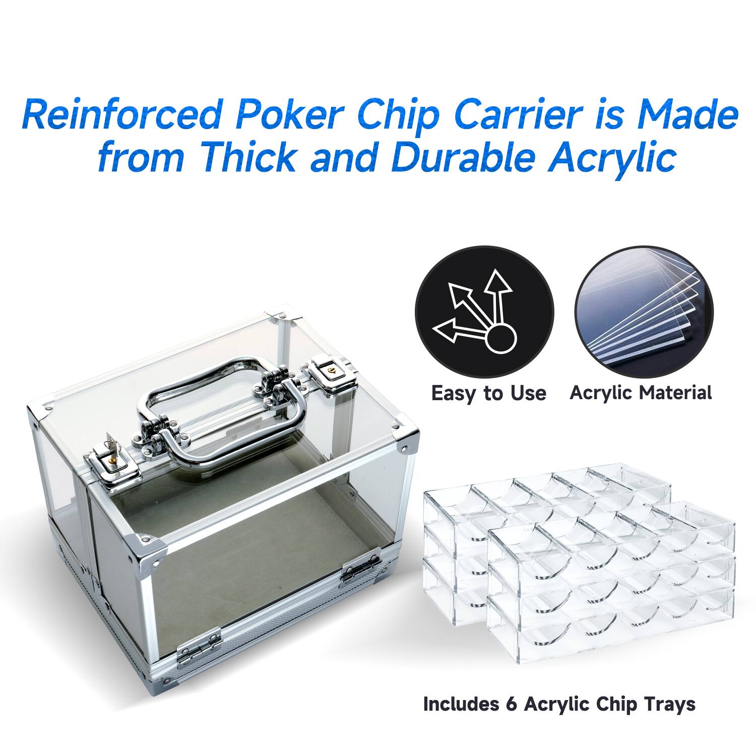 Reinforced Poker Chip Carrier is Made from Thick and Durable Acrylic, Easy to Use, Acrylic Material, Includes 6 Acrylic Chip Trays