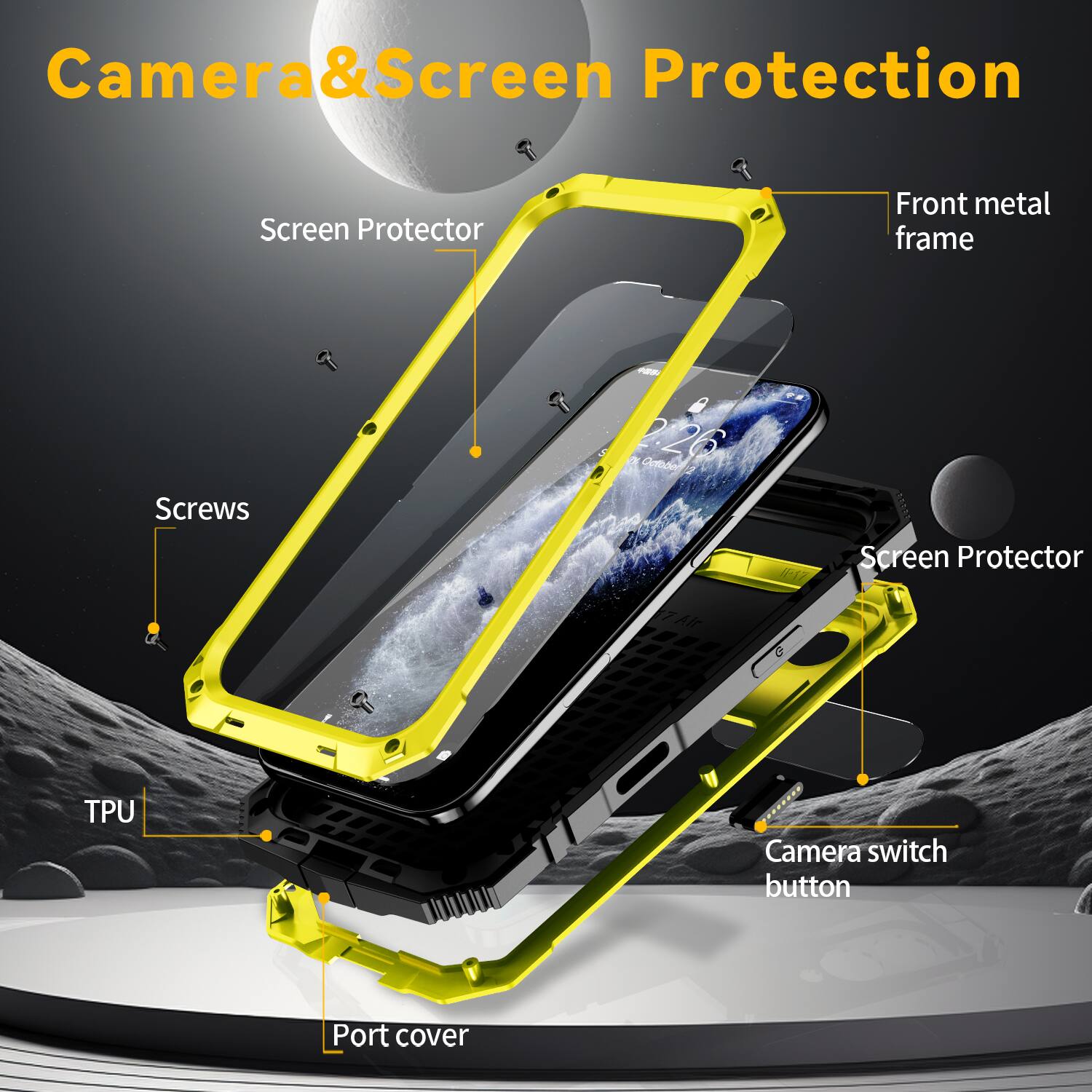 Camera & Screen Protection

- Screen Protector
- Front metal frame
- Screws
- TPU
- Port cover
- Camera switch button