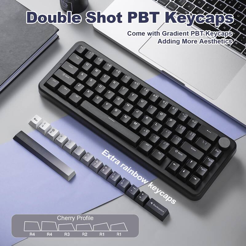 Double Shot PBT Keycaps  
Come with Gradient PBT Keycaps Adding More Aesthetics  

Extra rainbow keycaps  

Cherry Profile  
R4 R4 R3 R2 R1 R1