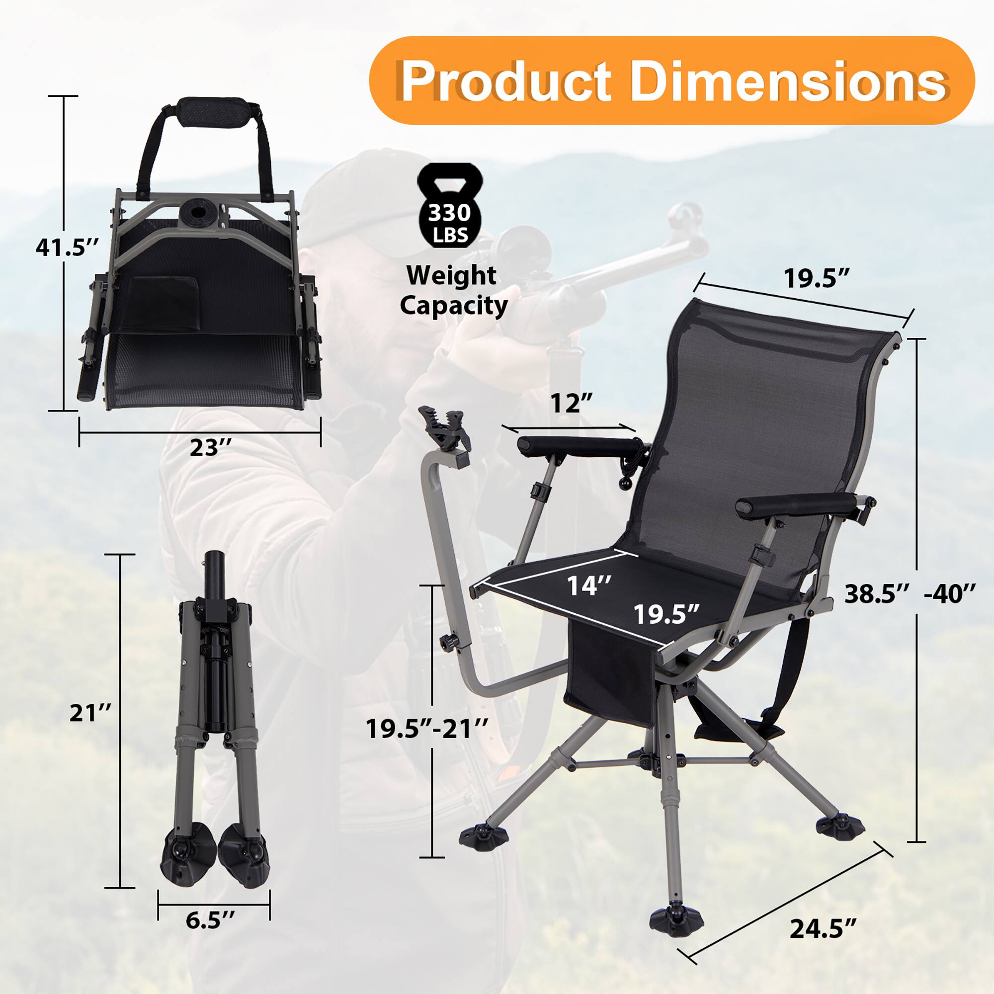 Product Dimensions  
41.5" x 19.5" x 23" x 12" x 14" x 19.5" x 38.5" - 40" x 21" x 19.5"-21" x 6.5" x 24.5"  
Weight Capacity: 330 LBS