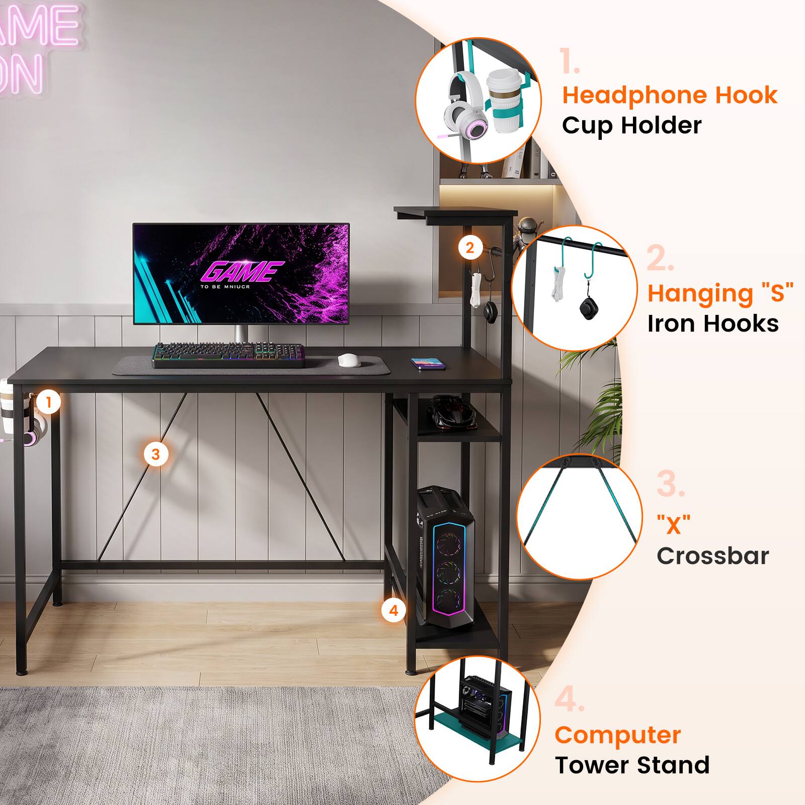 1. Headphone Hook Cup Holder
2. Hanging "S" Iron Hooks
3. "X" Crossbar
4. Computer Tower Stand