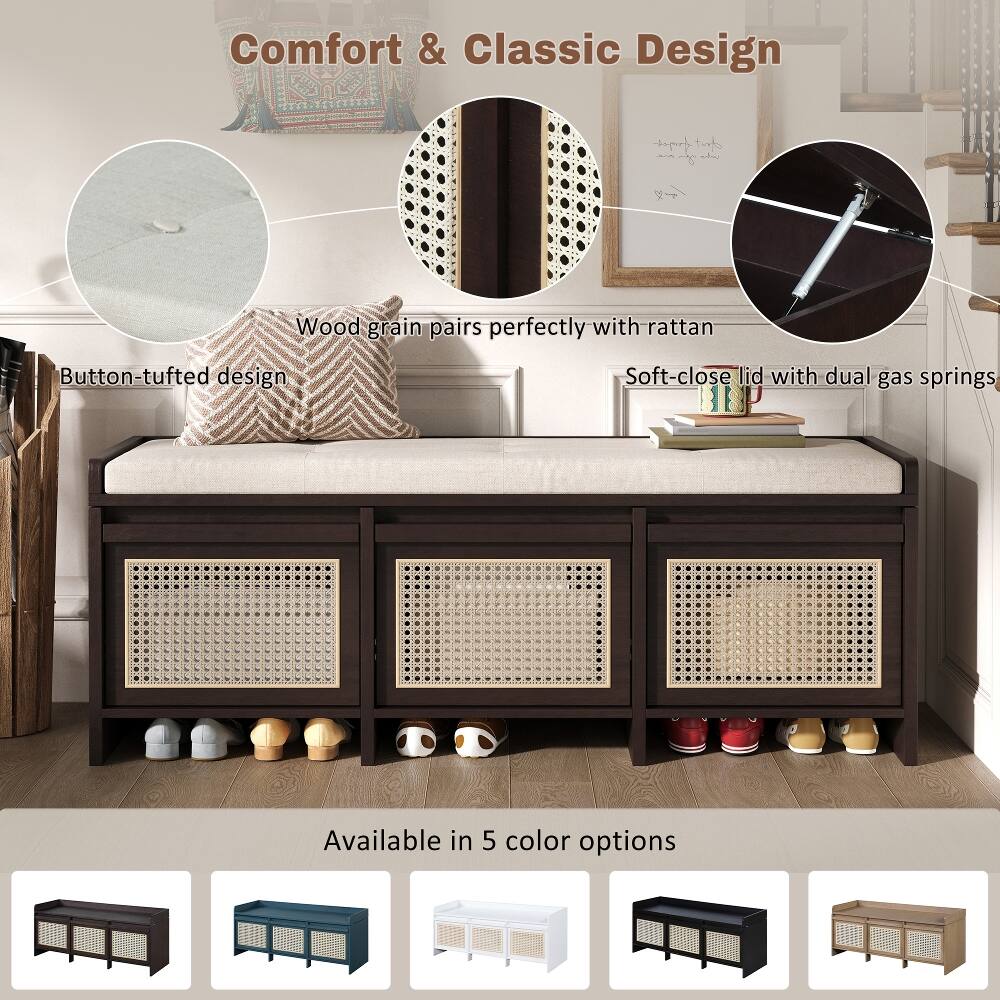Comfort & Classic Design

- Wood grain pairs perfectly with rattan
- Button-tufted design
- Soft-close lid with dual gas springs

Available in 5 color options