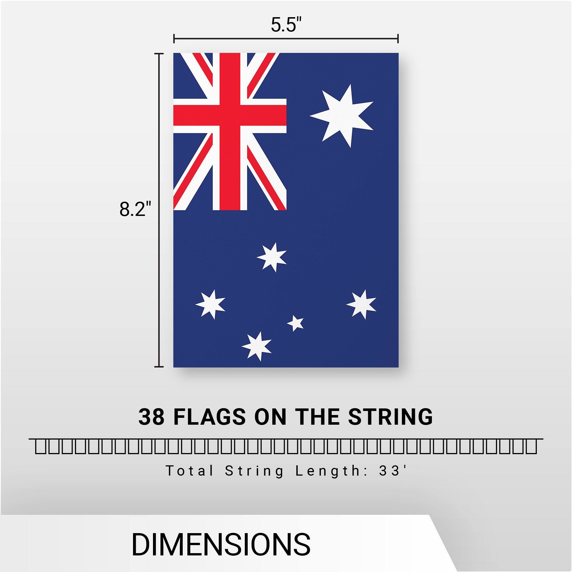 5.5"  
8.2"  
38 FLAGS ON THE STRING  
Total String Length: 33'  
DIMENSIONS