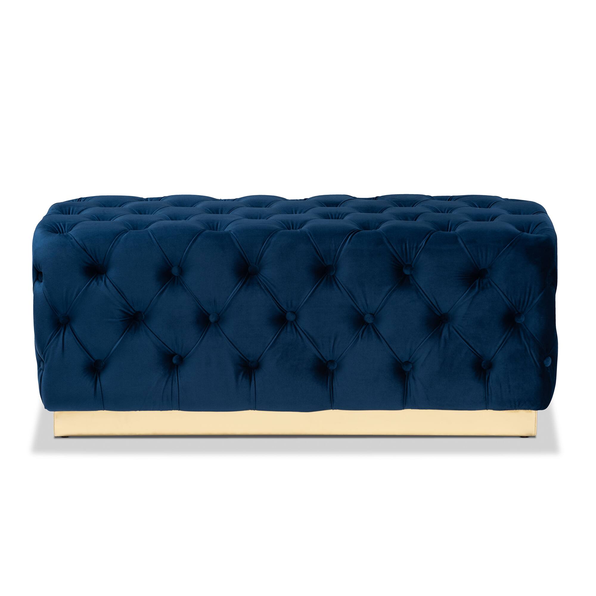 Angle. Baxton Studio - Corrine Glam and Luxe Velvet Fabric Upholstered and Gold PU Leather Ottoman - Navy blue/gold.